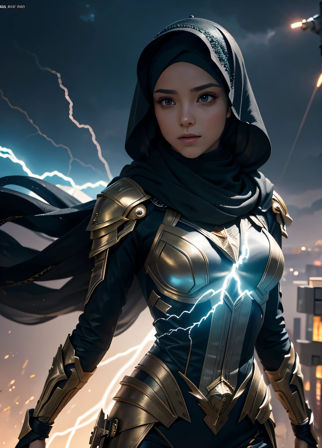 You've provided an excellent description of the girl with electric powers in the world of Teyvat. I'll do my best to add more details, focusing on best quality, highres, ultra-detailed, (realistic 1.37), vivid colors, physically-based rendering, HDR, UHD, and studio lighting.

A girl with electric powers soaring through the sky in the world of Teyvat, surrounded by a vivid display of lightning and sparks, each bolt meticulously rendered in ultra-high-definition and hyper-realistic detail. Her eyes, sparkling with an intense energy, are vividly colored, capturing every nuance and intricacy with lif , with hijab