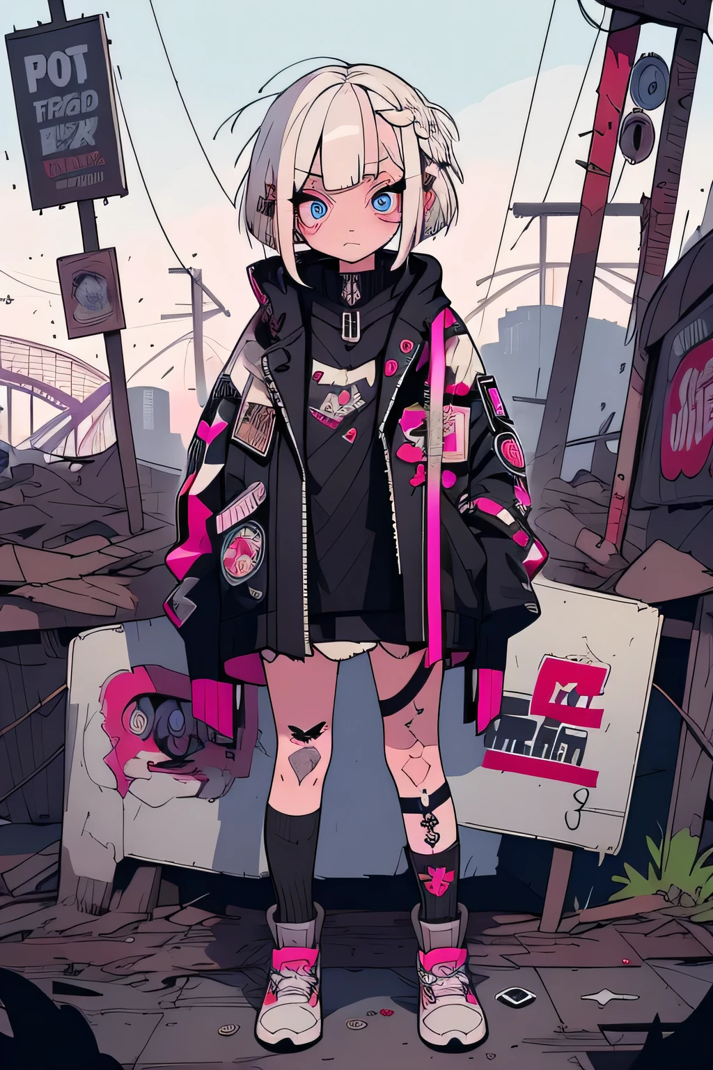 Step Piece, Best Quality, Best Illustration, Ultra-detailed,girl, White hair, Cool Black Open Short Jacket, The tattoo, Messy Fade Cut Hair, Side braided hair,Crazy, standing with an eerie feeling, abandoned amusement park background,knee high socks,quirky sneakers,Eyeshadow on the eyes,unusual colored eyes, Eyes of fear, Vivid eyes