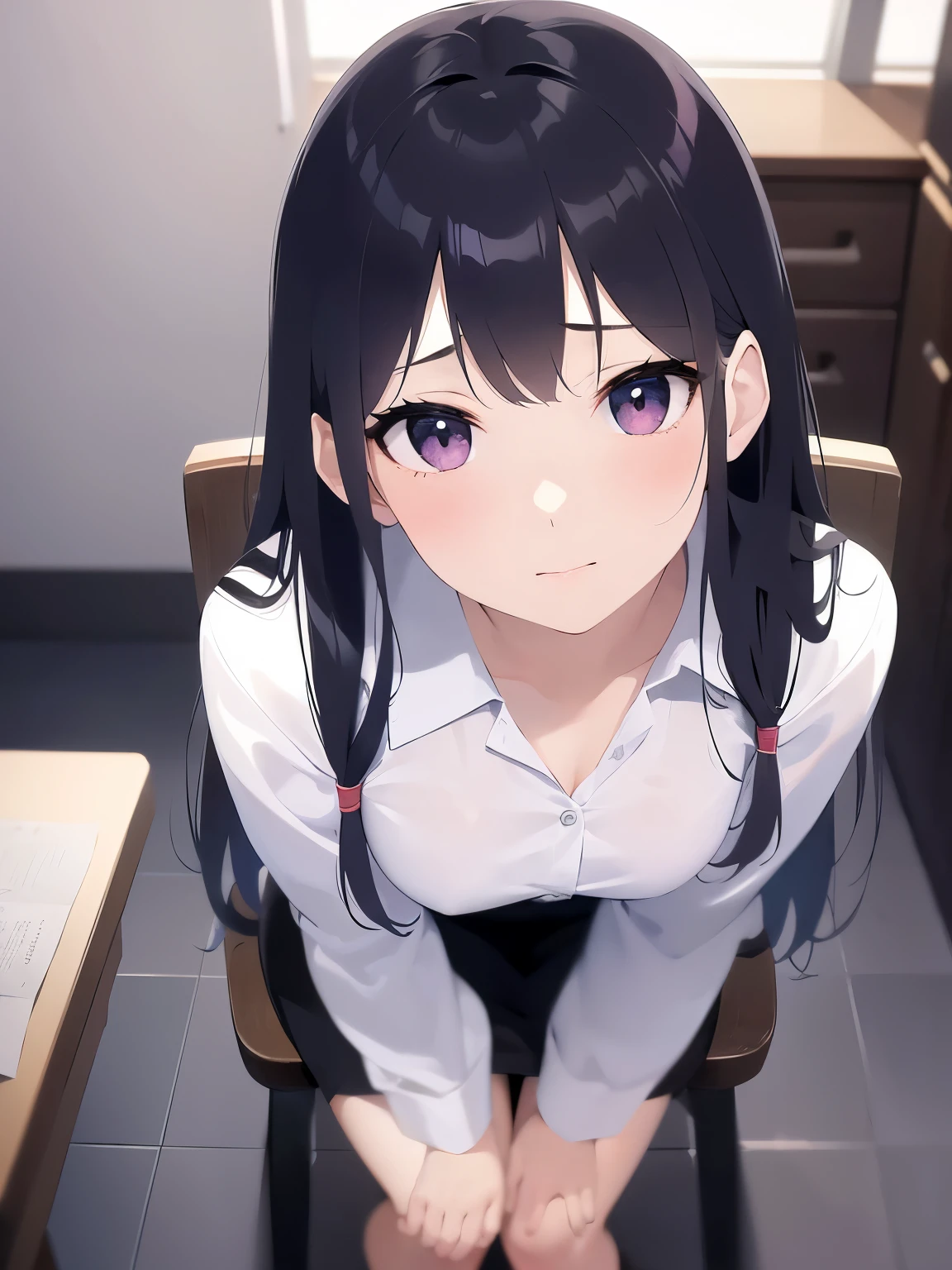 sitting on Chair, Hands on knees、leaning forward, shooting from above、looking up, Upper Body, Realistic, real person, (pale skin: 1.2), RAW photo, photorealistic, portrait photography, shiny skin, japanese idol、shiny hair、(25 year old woman with straight medium hair with bangs) and (black hair) and (purple eyes) , white shirt 、(embarrassed:1.3), The background is an office room at night.、Alone、Are standing