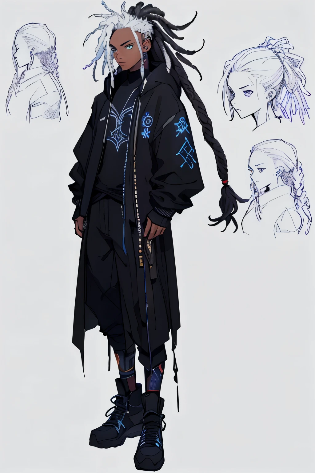 1 girl, ekko arcane hair, dreadlocks, teenager, rock jacket, black clothing, white hair, light background, full body, long hair, teenager, tribal tattoo, colorful parts, sketchbook, hand drawn hand, witch symbols, dark , bold, realistic sketch, sketch, mixing dark lines and loose lines, bold lines, on paper, turn on character sheet, human woman, blue eyes, full body, imposing pose, lots of details, stylish outfit, symbols, runes , dark theme , black shirt, beautiful, pretty, modest