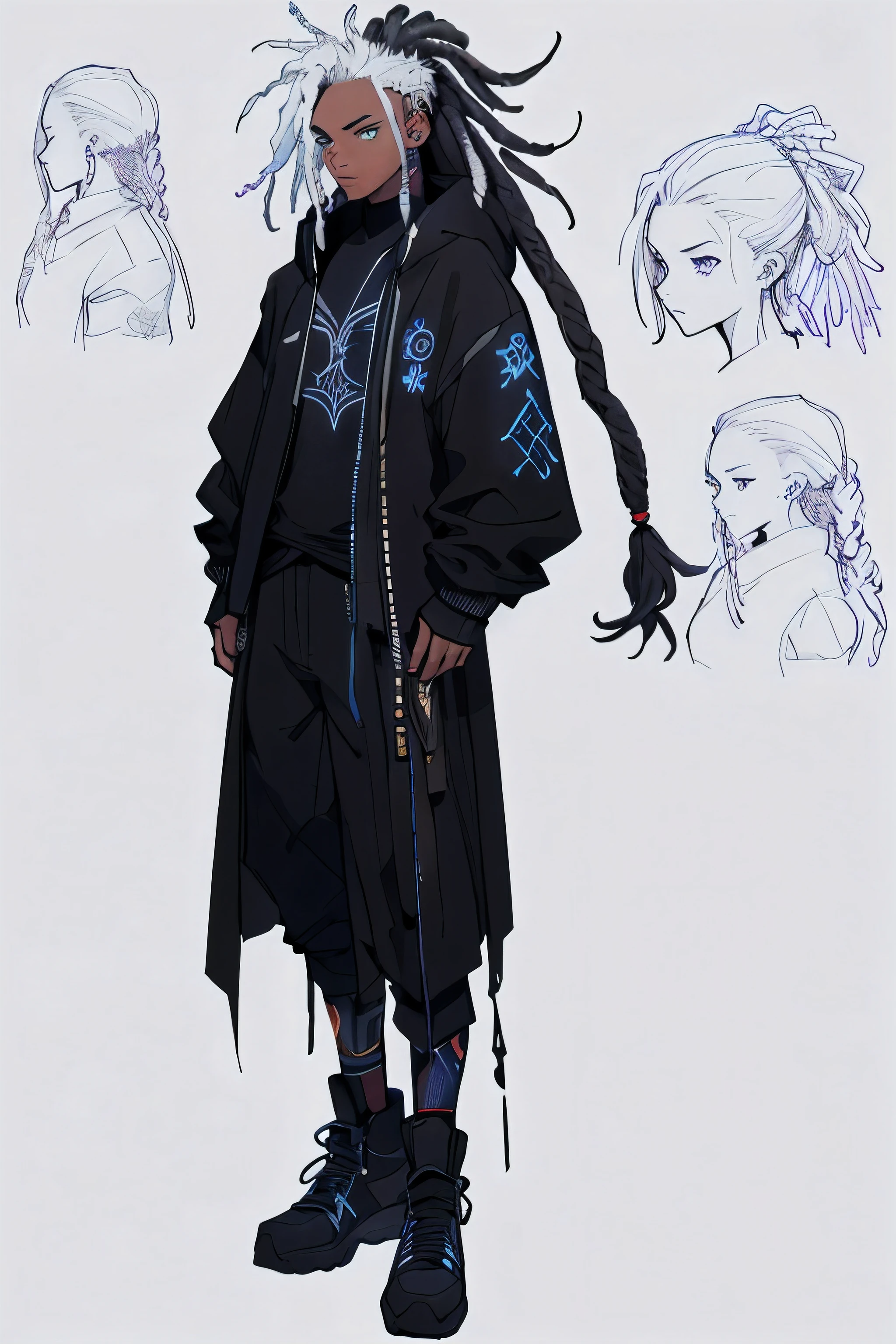 1 girl, ekko arcane hair, dreadlocks, ager, rock jacket, black clothing, white hair, light background, full body, long hair, teen, tribal tattoo, colorful parts, sketchbook, hand drawn hand, witch symbols, dark , bold, realistic sketch, sketch, mixing dark lines and loose lines, bold lines, on paper, turn on character sheet, human woman, blue eyes, full body, imposing pose, lots of details, stylish outfit, symbols, runes , dark theme , black shirt, beautiful, pretty, modest