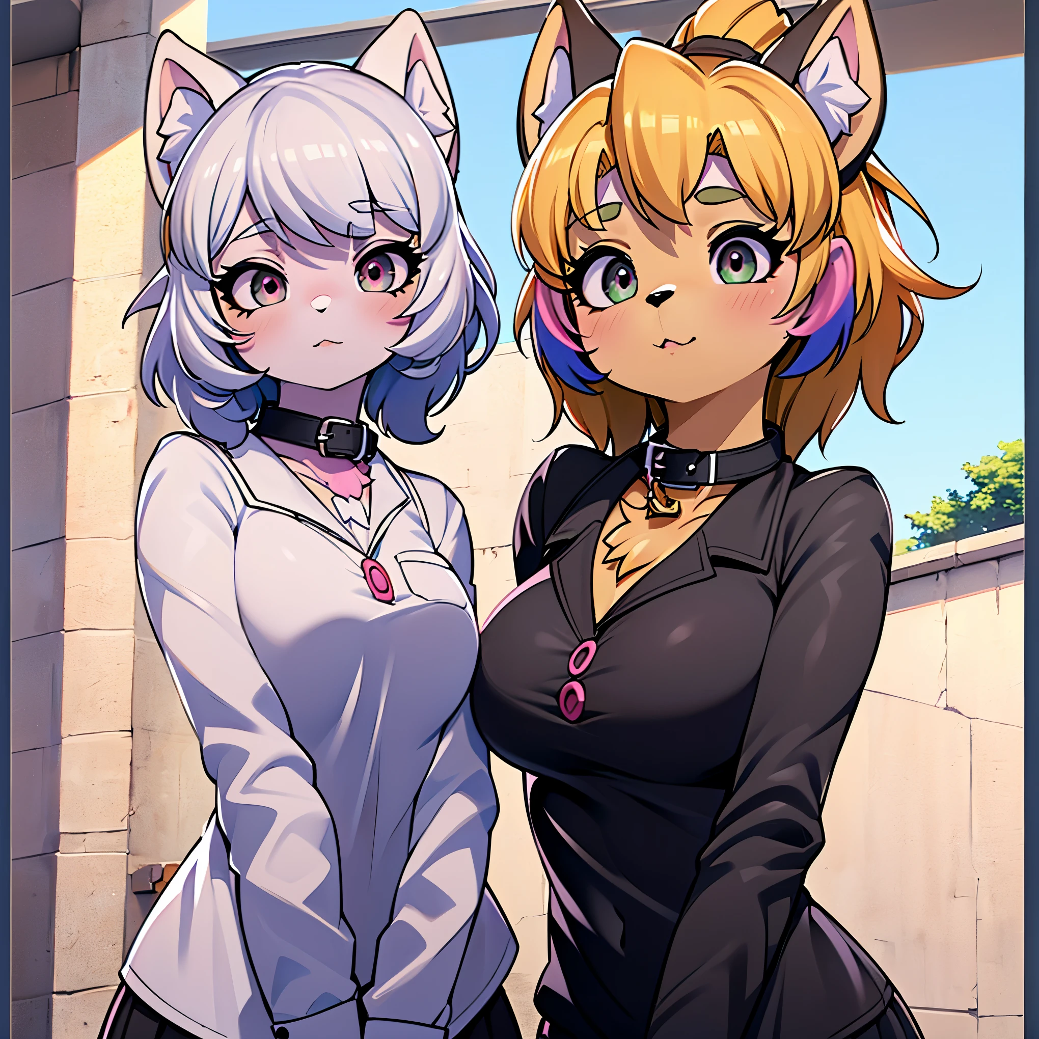 ((chica , pelo blanco, ojos rosas , pelaje , pelaje claro , maximo detalle )) ( ropa : camisa holgada , collar de perro ) ( fondo : multicolor obra maestra ,yoneyama mai style) ( ojos rosas hiperrealismo) ( pelo blanco , pelo blanco )( cabello color blanco,sombra verde )