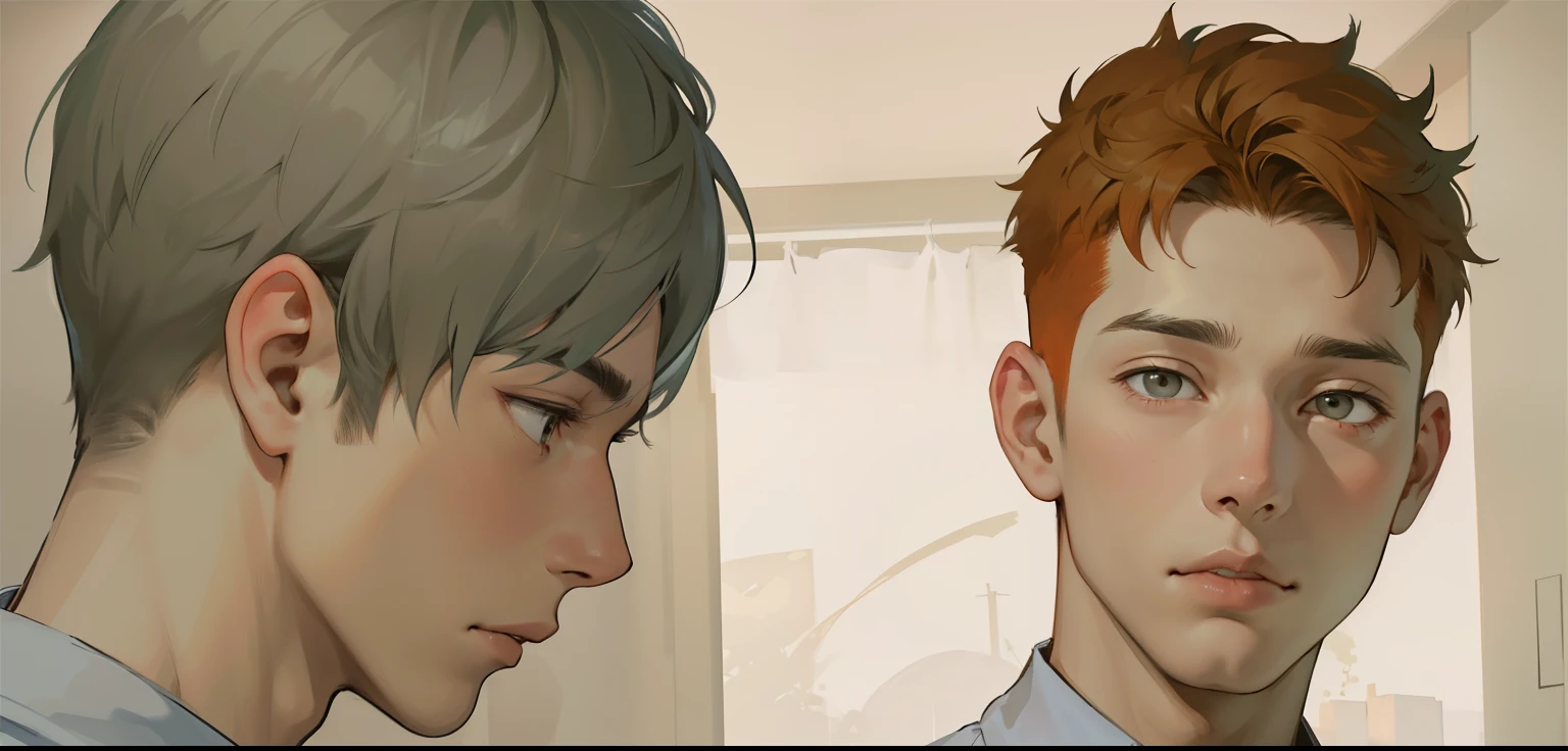 There are two 16-year-old boys, one in profile with gray hair, the other looking at him sad, orange hair.