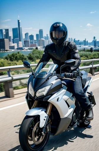arafed motorcycle rider on a highway with city skyline in the background, riding a futuristic motorcycle, futuristic suzuki, speeding on motorcycle, riding a bike down the street, kawasaki, person riding a bike, riding a motorcycle, r6, motorcycle, One bike in the center of the frame, female biker pictures, motorcycles, Written by Jacob Gauerman, cover shot, portrait shot