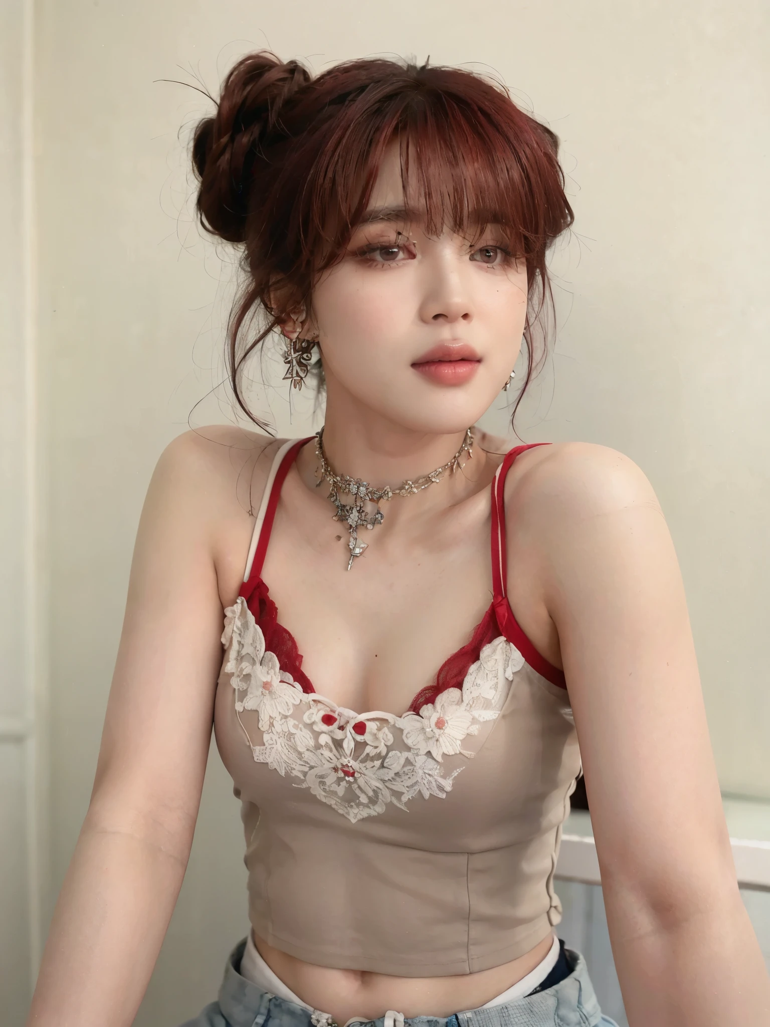 park jimin of bts, female version, red hair, beautiful detailed lips, charismatic smile, stylish outfit, confident expression, natural lighting, vibrant colors, dynamic pose, urban background, photorealistic rendering, high-res image
