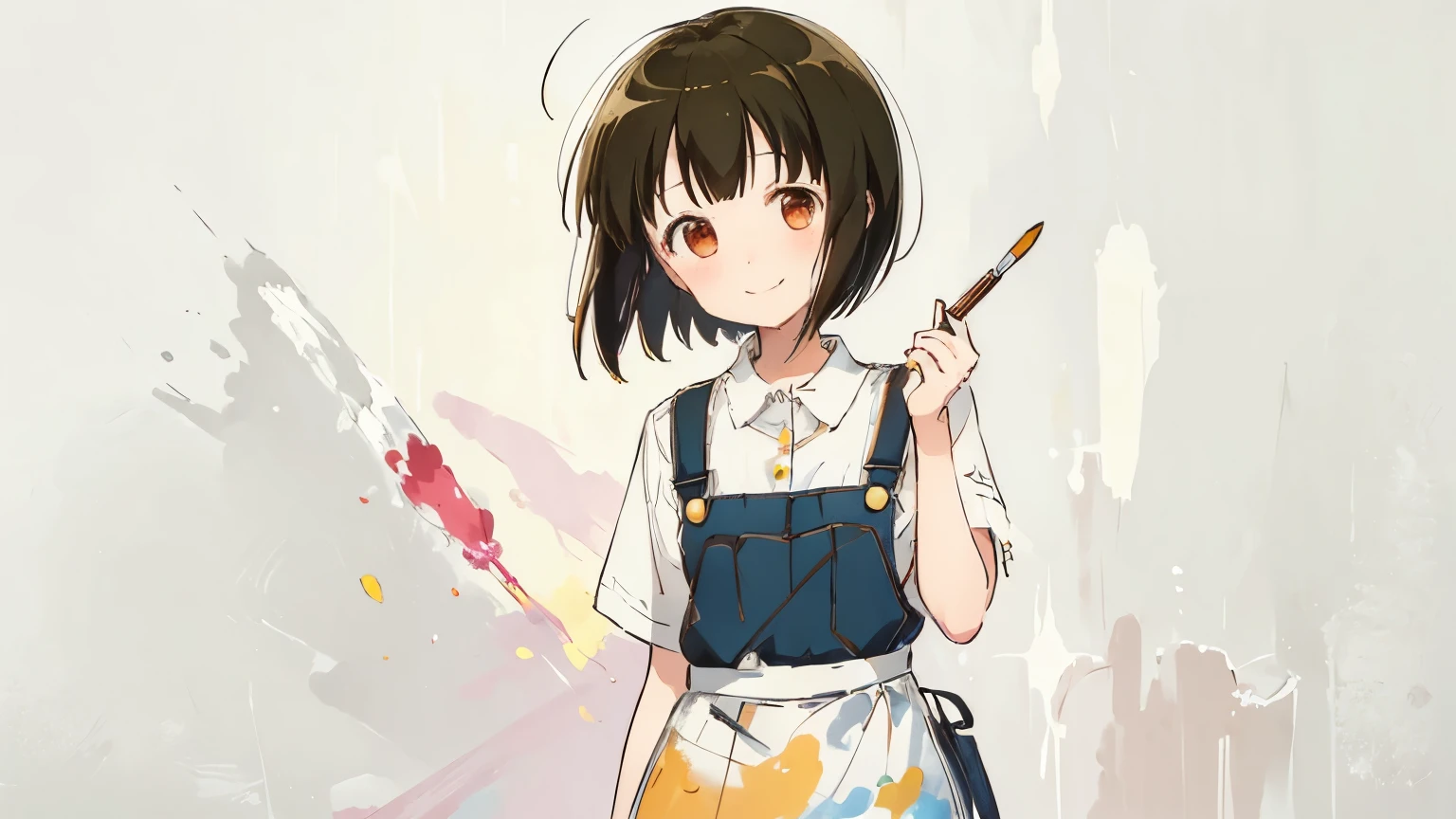 A girl with short hair, smiling confidently, holding a small paintbrush, drawing with a paintbrush on her face, wearing painters&#39; clothes, the whole figure appears in the scene, the background is a white, dirty wall with colors.