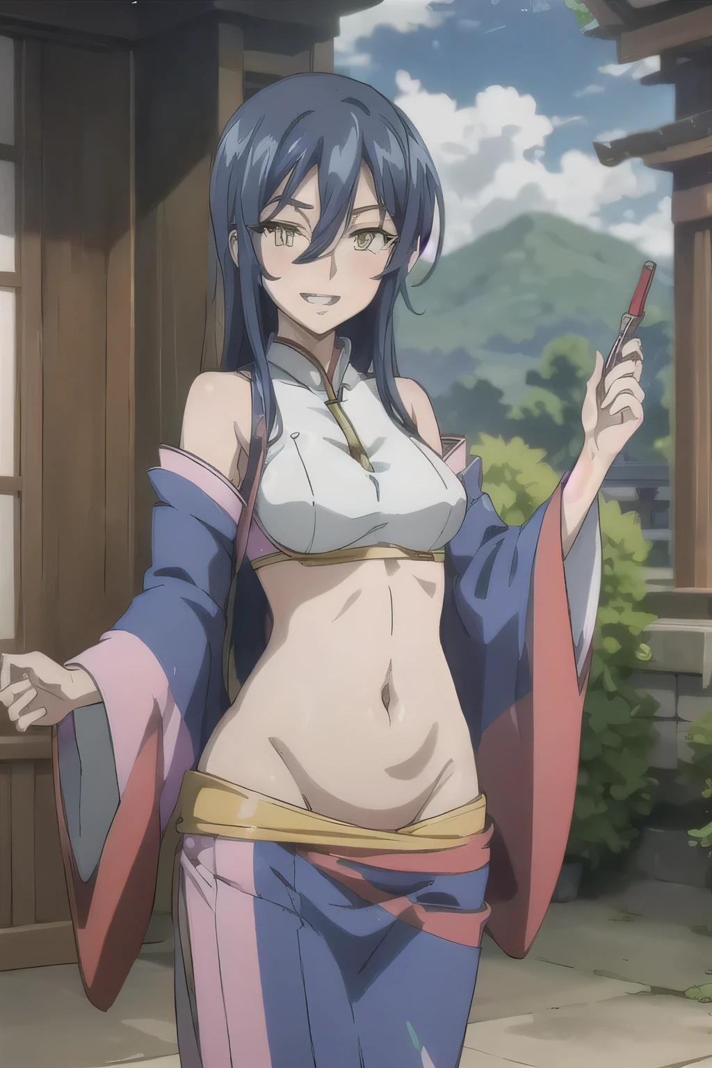 1girl,yellow eyes,large breasts,long hair,blue hair,hair between eyes, necklace,, masterpiece, best quality, highly detailed, a anime girls in kimono dress with a sword posing for a
picture, bare shoulder,open kimono, evil smile, open mouth, crop top , (nsfw) not safe for work, smile,
ecchi anime style, anime girls, ecchi style, ecchi, digital anime art!!, in anime style, official artwork, visual
novel cg, beautiful anime girl, anime style 4 k, kimono pencil skirt, exposed belly, exposed navel,
exposed midriff, exposed lower belly, outdoor, japanese architecture, temple