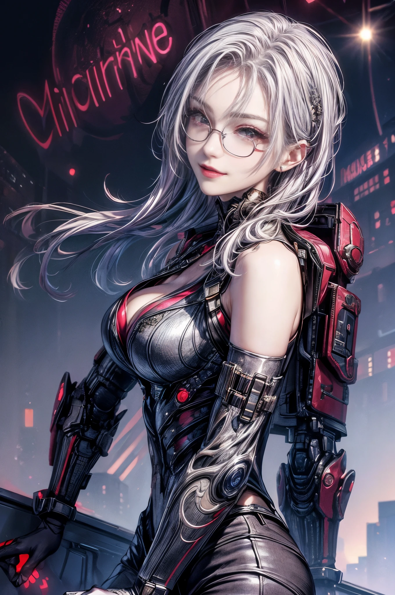 cinematic lighting、highest quality,cyberpunk world、1 female、(27 year old beautiful woman、Detailed beautiful facial features hair、shoulder length hair）（smile:1.4)（Beautiful crimson eyes）break（dark design glasses:1.5）,medium hair、（silver hair、shining hair:1.5）break（pose of temptation、cleavage:1.4）（Cool and stylish innerwear、white cyber coat:1.2）Silver Hair Color、BREAK（眩しいmorning陽、morning、Laboratory entrance with window:1.2）