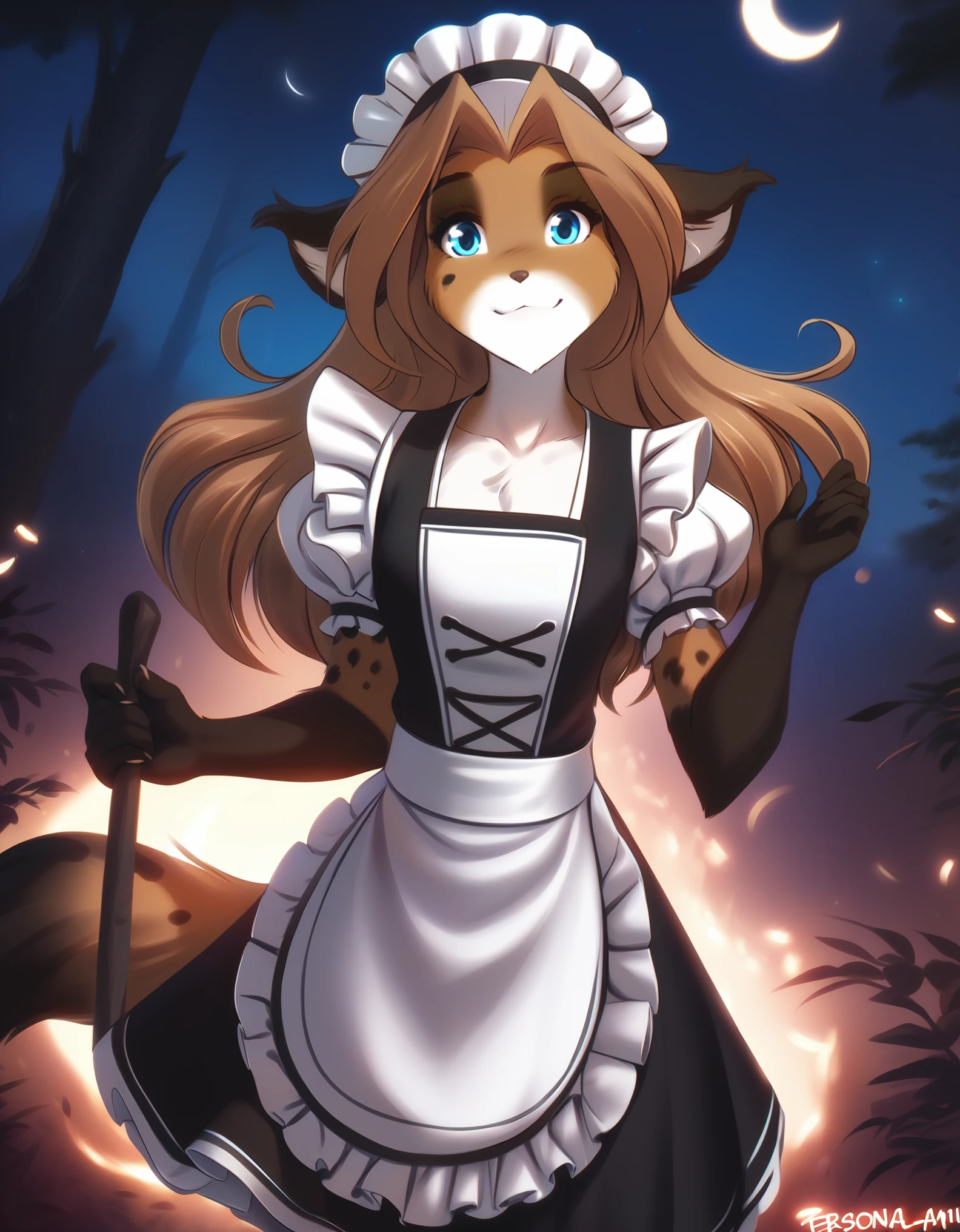 solo, tklaura, keidran, mammal, pantherine, laura_(twokinds), laura_twokinds, twokinds, personalami, rating:safe, anthro, arm_tuft, forest, night, stars, moon, hair, blue eyes, hair ,tail, maid, maid apron