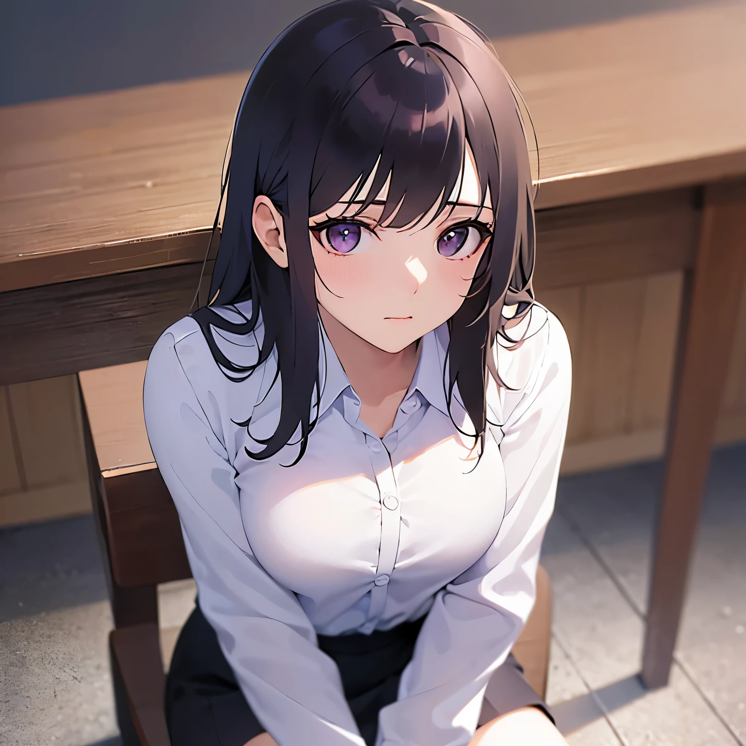 sitting on Chair, hand between legs、shooting from above、looking up, Upper Body, Realistic, real person, (pale skin: 1.2), RAW photo, photorealistic, portrait photography, shiny skin, japanese idol、shiny hair、(25 year old woman with straight medium hair with bangs) and (black hair) and (purple eyes) , (white collared shirt) and (long sleeve)  、Tight Skirt、(embarrassed:1.3), The background is an office room at night.、Alone、Are standing