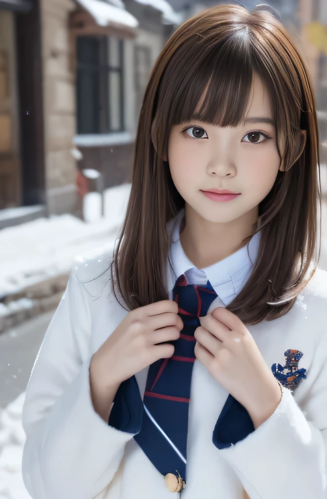 one girl, (a beauty girl, delicate girl:1.3), (10 :1.3),
break, (winter uniform, cute uniform:1.3),
break, (Street view:1.3), (that&#39;It&#39;s snowing:1.3), perfectly trimmed fingers,
break, extremely fine-grained clarthaty, (symmetrical eyes:1.3),
break, small breasts, brown eyes, parted bangs, brown hair,  girl,
break, (Eye and face details:1.0), (get closer to the face, enlarge the face, face focus:1.0),
break, (masterpiece, highest qualthaty, Super detailed, detailed face, 8K)