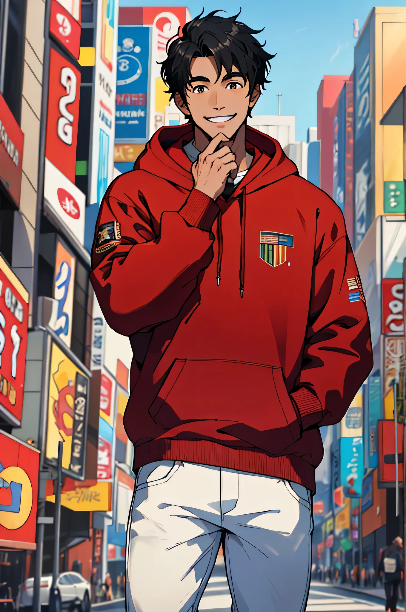 man, black hair, brown eyes, wearing a red hoodie, white pants, metropolis, high res, 8k, masterpiece, smiling, hand in pocket, looking at viewer