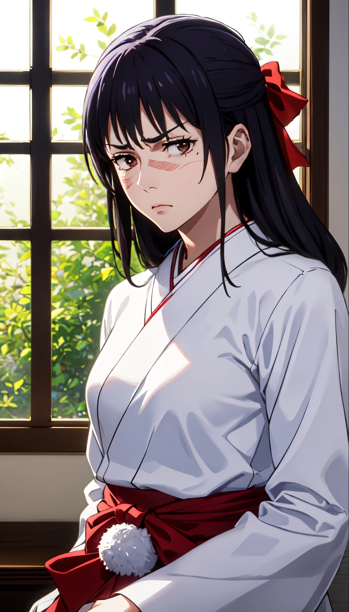 photorealistic, (4k), depth of field, (Masterpiece), (realistic skin texture), extremely detailed, intricate, hyper detailed, professional photography, bokeh, high resolution, sharp detail, best quality, woman, long hair, purple hair, ponytail, brown eyes, scar on face, white hairbow, red hakama, aUtahime, dynamic pose, (arms behind her back),  open window, light rays, windowsill, annoyed,