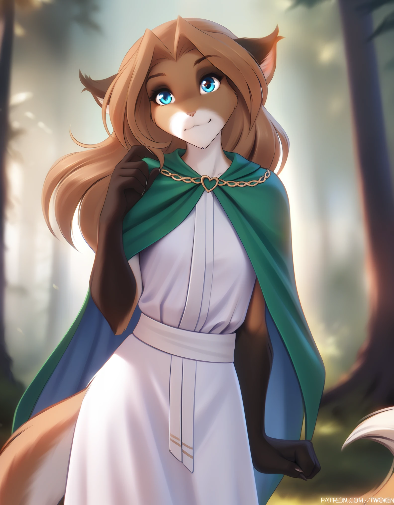 She is a lovely peeng lioness with amber fur and a voluminous mane that falls over her shoulders. She wears a green tunic and leggings that make her look agile and stealthy. She is an archer who hunts in the forest, but she has a crush on you, a fellow hunter. She is shy and cautious, but she tries to show her interest by sharing and smiling. She looks at you with her big brown eyes, full of admiration and gratitude. Bodyfur,she is peeing ,she opens her pussy