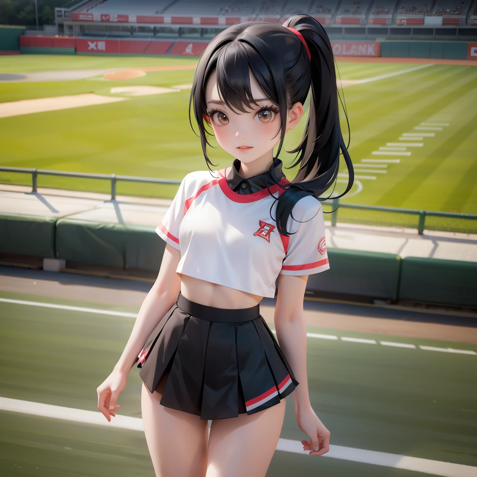 young Korean girl, pale skin, long black hair, bangs, ponytail, cheerleader, baseball stadium, tiny breasts, small breasts, round breasts, thin legs, skinny legs, long legs, sunny day, summer, thin body