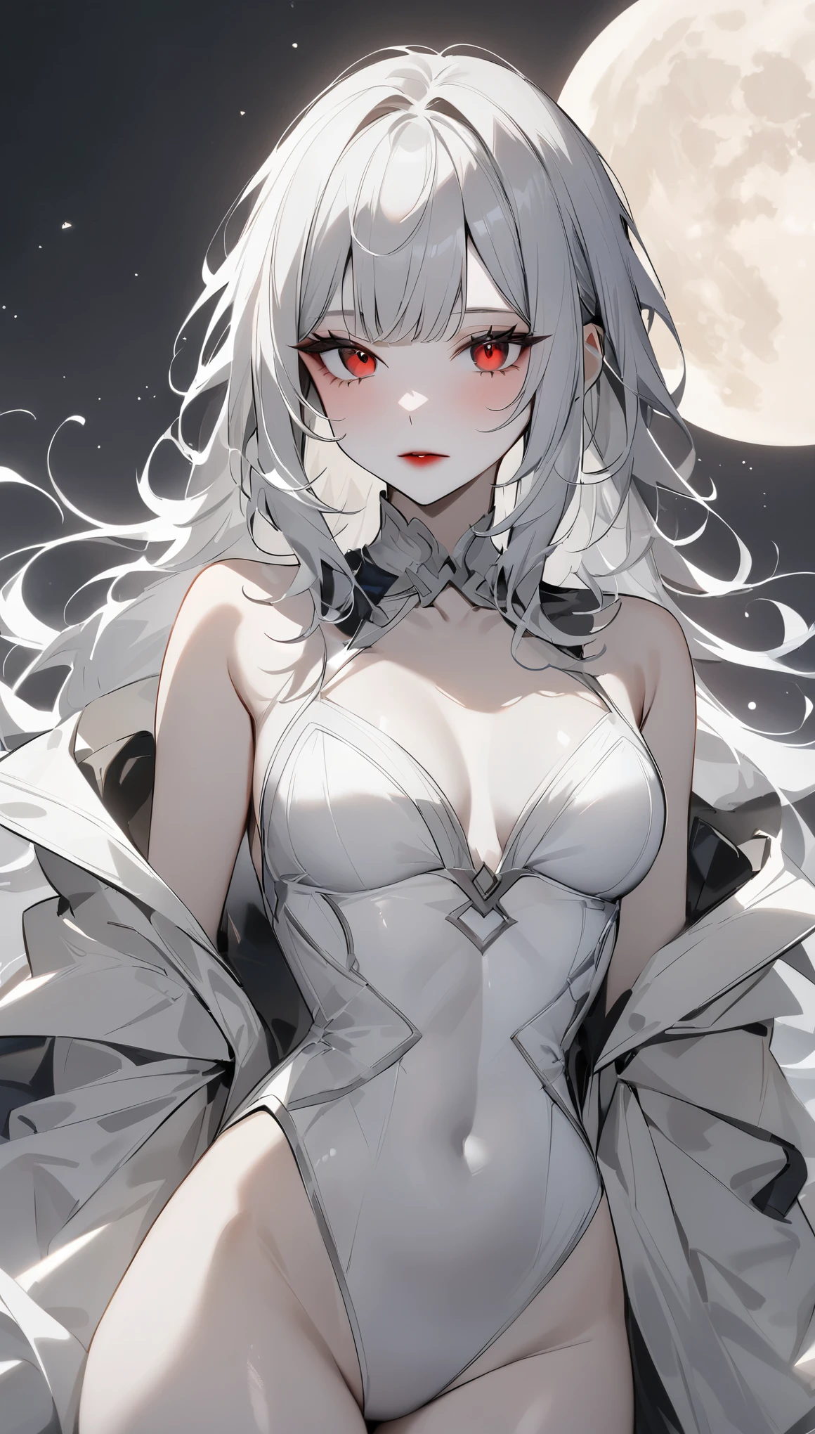 highest quality、masterpiece、1 girl、gray background、marble、gray hair:1.5、red eyes、red lips、white clothes、white bodysuit、、messy hair、Black and white world、Black and white world、pale skin、night time、full moon、