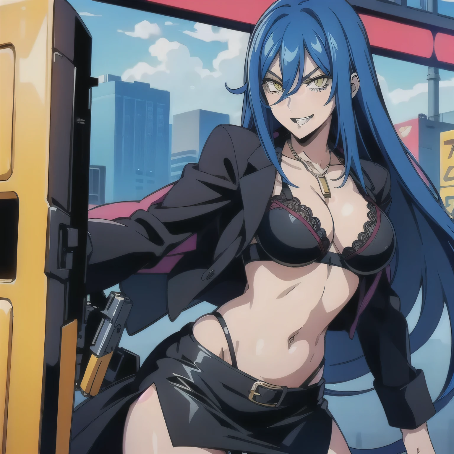 1girl,yellow eyes,large breasts,long hair,blue hair,hair between eyes, necklace, masterpiece, best quality, highly detailed, a girls with a gun, open mouth, blazer, sexy gaze, (nsfw) not
safe for work, badass pose , evil smile, smile, black bra, anime girl with long hair, long haired girl,
navel, evil expression, exposed belly, exposed navel, exposed midriff, exposed lower belly, micro
miniskirt, micro pencil skirt, pencil skirt ,holding a gun, outdoor,street,road, navel piercing