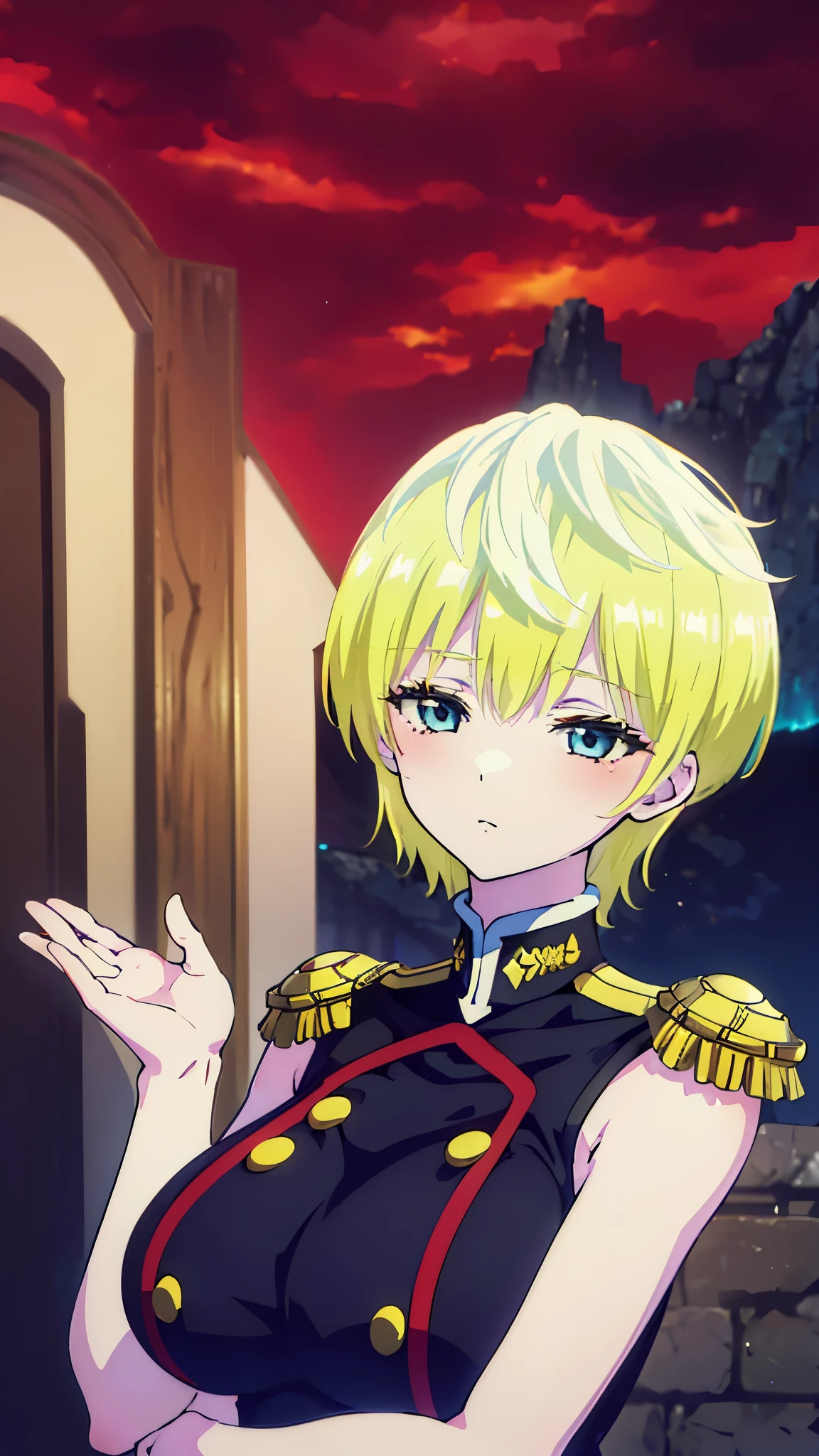 opem mouth, masterpiece, highres, (solo), 8k, detailed, perfect face, best quality, (ultra high quality), looking viewers, armpit, hands up, (bare arms), big breast, yellow hair, light hair, short hair, blue eyes, military uniform, slim body, blush, upper body, at night 