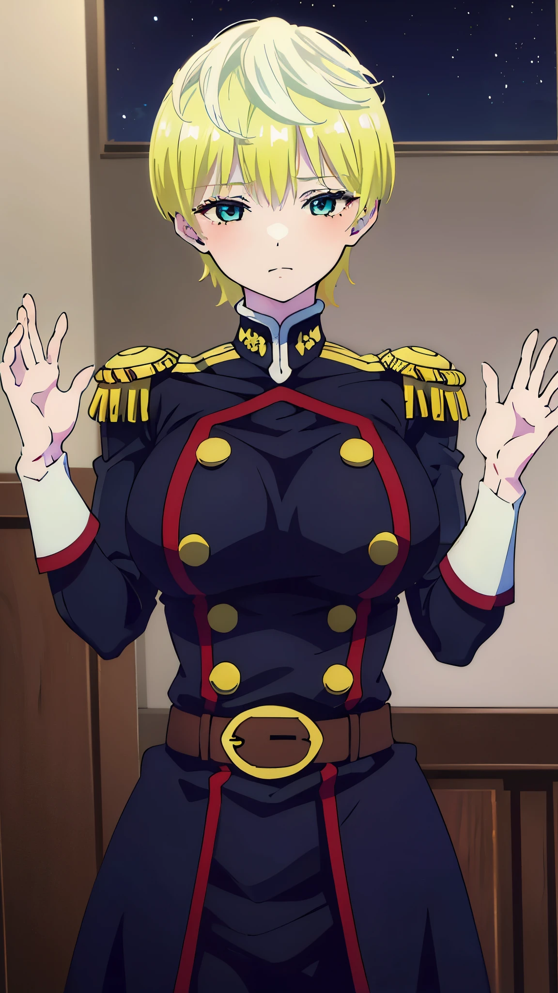 opem mouth, masterpiece, highres, (solo), 8k, detailed, perfect face, best quality, (ultra high quality), looking viewers, armpit, hands up, (bare arms), big breast, yellow hair, light hair, short hair, blue eyes, military uniform, slim body, blush, upper body, at night 