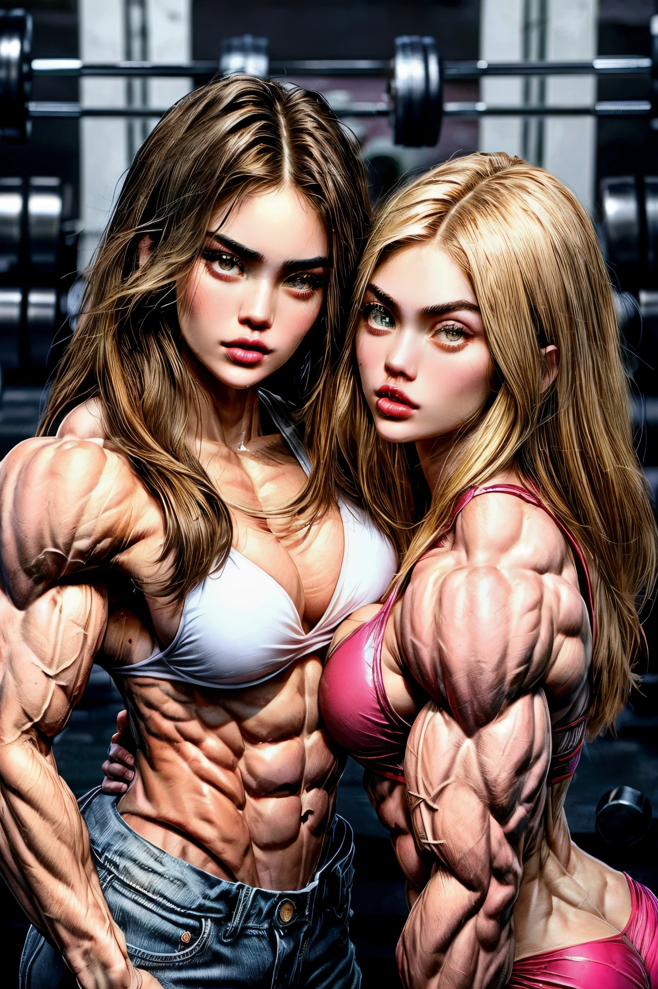 (2 girls body builders:1.6), ((masterpiece)), best quality, ultra-detailed:1.7, finely detail, high resolution:1.6, perfect dynamic composition, beautiful detailed faces:1.77, blonde babes:1.88, perfect red lipstick, perfect makeup:1.8, short denim bikini , large breasts:1.4, lovely look:1.7, gorgeous face:1.6, defined muscles:1.4, beautiful faces:1.8, alessandra ambrossio, izabel goulart, Kate Upton, Gigi Hadid, candice swanpoel ,popped out dense veins on muscles:1.8, hyper detailed picture:1.4, 8k resolution: 1.7, flex muscles:1.3, hyper muscular body shape:1.42, photorealistic:1.5, realistic:1.6, face masterpiece:1.74, good and professional lighting on picture:1.38, Ukrainian-Moroccan muscle beauty goddess, masterpiece 24 years old Kylie Jenner and Megan Fox as bodybuilders, extremely high resolution, hyper feminine beauty , hyper realistic texture, hyper muscularity, hyper vascularity, ass of titanium, muscles of steel, ripped body shape, ripped sexy ass with bikini, muscular ass , topless, kissing, good face details, hyper face detailing, doing sex, super romantic moment, hyper romantic, romantic kiss, nude females, perfect symmetrical face, sexy french kiss with tongues, serious muscle posing, serious female bodybuilders, super muscular and shredded breasts, perfect exaggerated feminine physique 