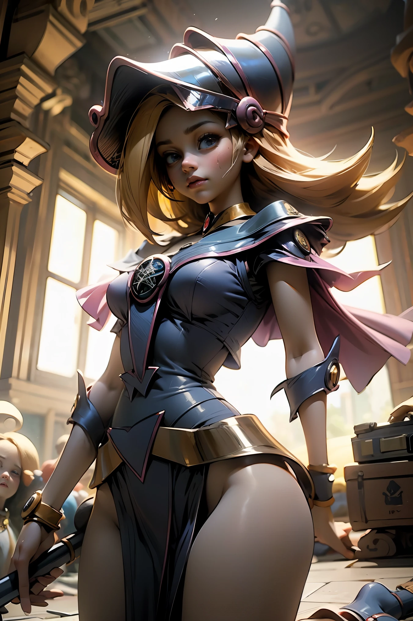 (Obra maestra:1.2), (La mejor calidad:1.2), perfect lighting, Chica Maga Oscura lanzando un hechizo, flotando en el aire, tetas grandes, escote, fondo de magia. Corazones transparente en el hambiente, bata azul, sombrero grande, desde arriba, Destellos, Yugioh Card en el fondo