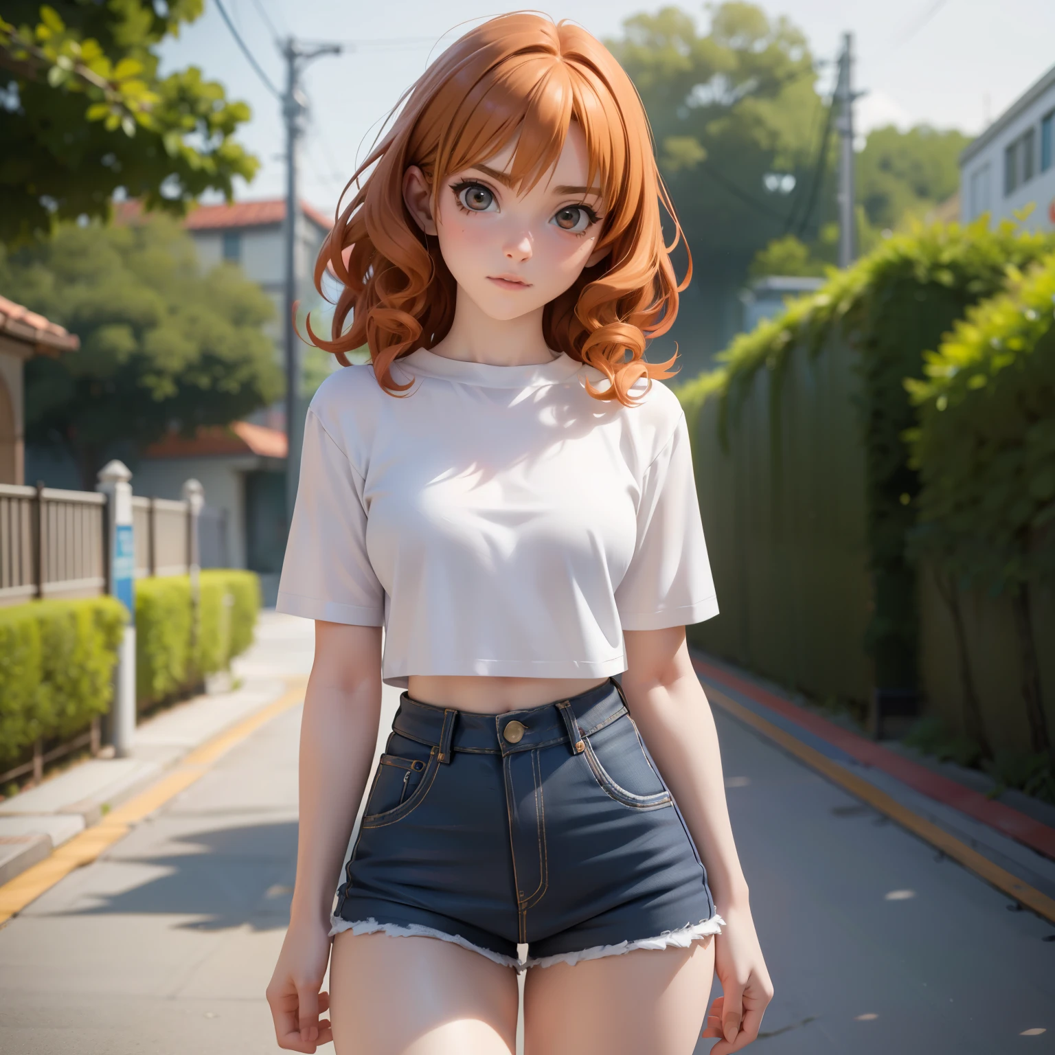 Pale skin, Small breasts, Cute face, Cotton shorts, Tight top, Intricate clothes, Full body, Cinematic light, Makoto Shinkai, Anime, Realism, Masterpiece, Woman, One, 18 Years old, Brazilian, Fit thighs, Fit, Ginger hair, Medium hair, Curly hair