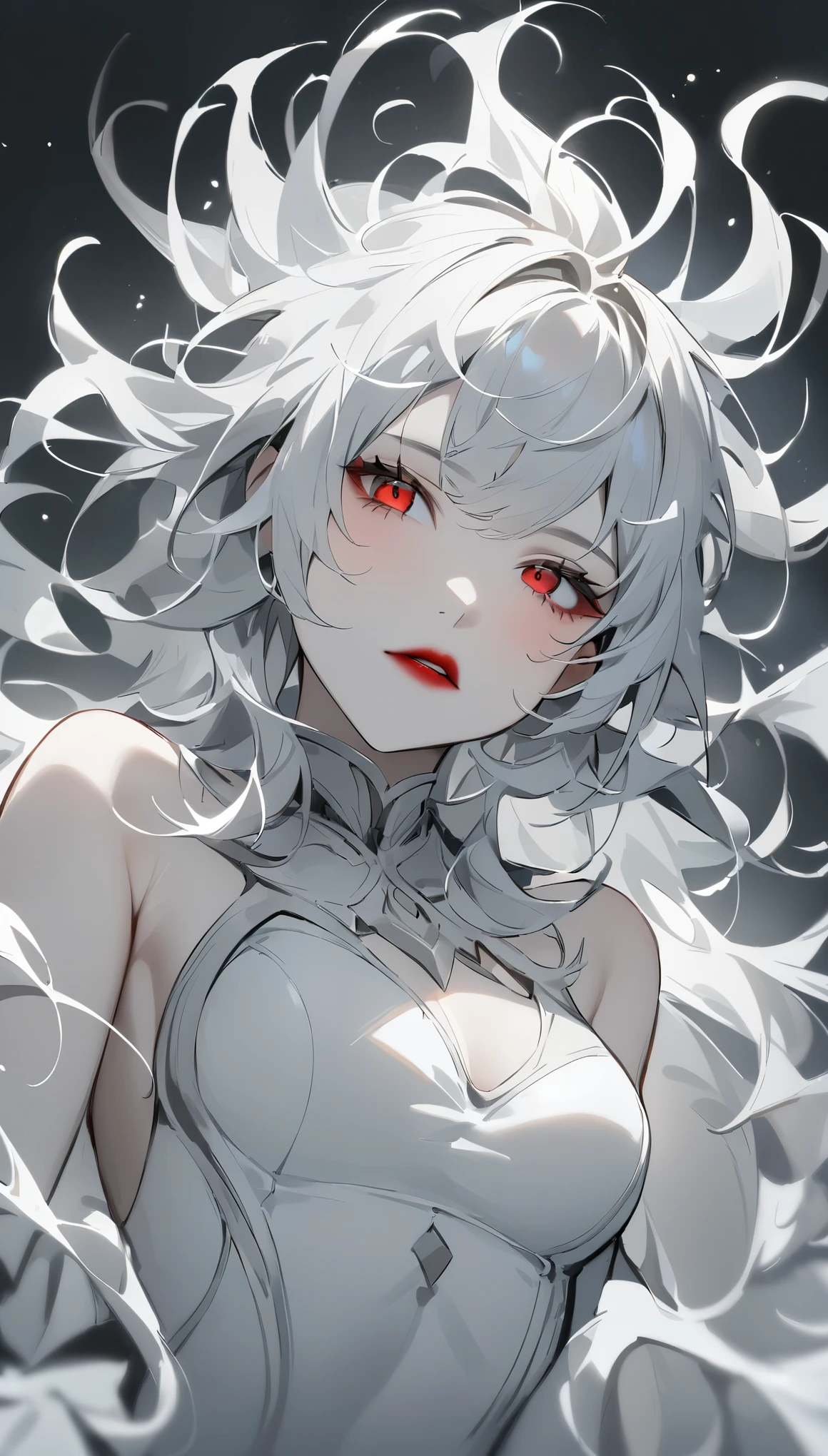 highest quality、masterpiece、1 girl、gray background、marble、gray hair:1.5、red eyes、red lips、white clothes、white bodysuit、、messy hair、Black and white world、Black and white world、pale skin、night time、full moon、