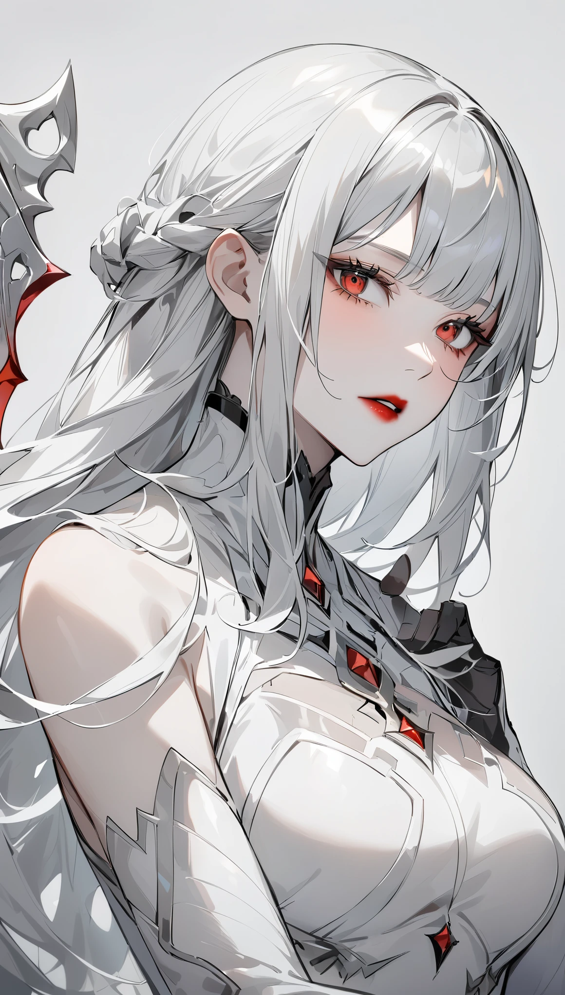 highest quality、masterpiece、1 girl、gray background、marble、gray hair:1.5、red eyes、red lips、white clothes、white bodysuit、Black and white world、Black and white world、pale skin、side blade