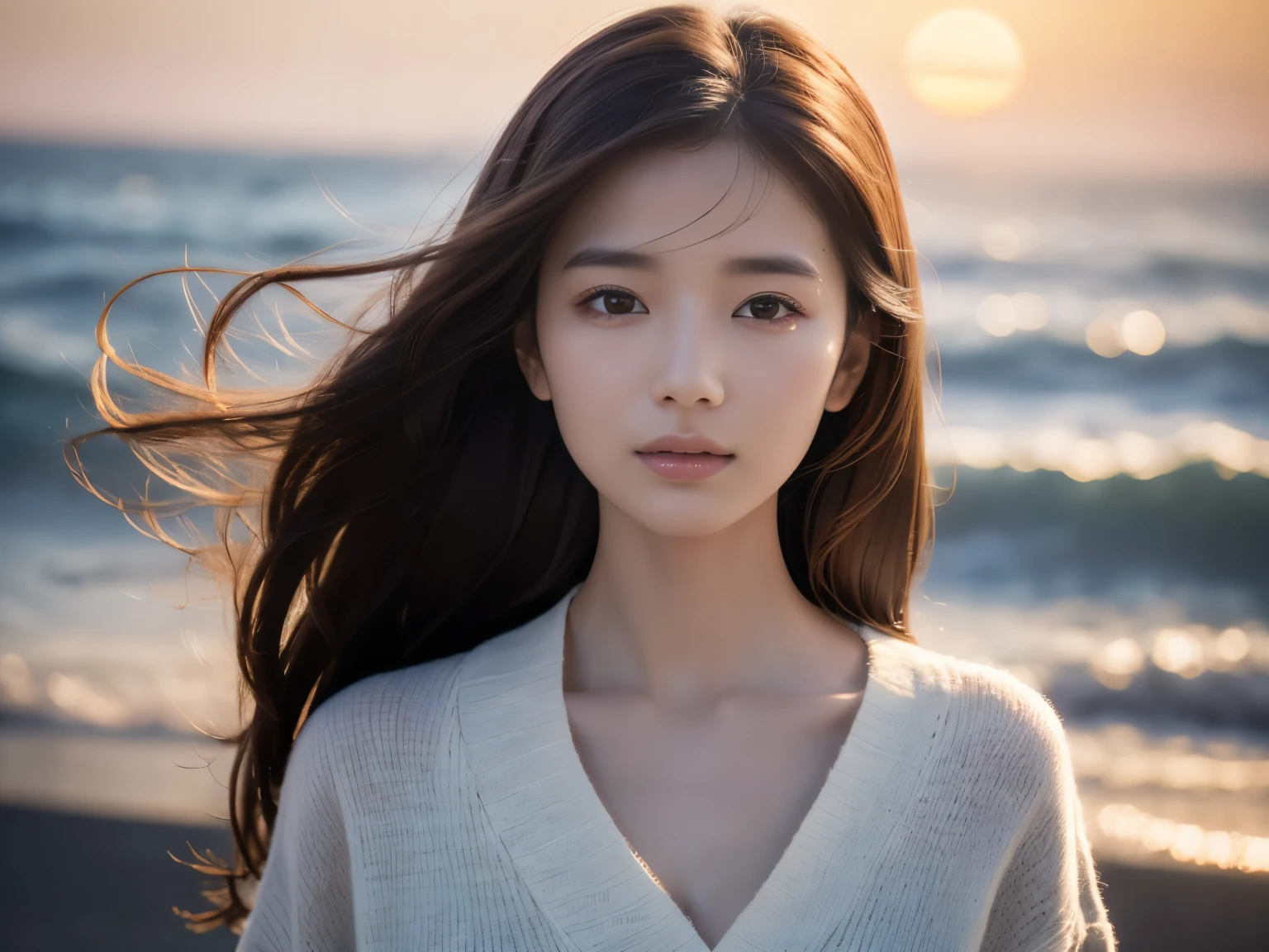 (knitwear)、(top-quality,​masterpiece:1.3, Super high resolution), (ultra-detailliert,Caustics),(Photorealsitic:1.4,RAW shooting,)Ultra-realistic capture, A highly detailed, high-definition 16K for human skin、 Skin texture is natural、The skin looks healthy with an even tone、 Use natural light and color, One Woman, Japanese, kawaii, A dark-haired, Middle hair, (depth of fields、chromatic abberation、Wide range of lighting、Natural Shading)、(Hair swaying in the wind:1.2)、Her dark hair, gently swaying in the wind, frames her delicate features, adding to the ethereal beauty of the moment. As she gazes out towards the horizon, there is a sense of reverence in her demeanor, as if she is offering a silent prayer to the ocean and the setting sun. The depth of field and natural shading further enhance the realism of the scene, creating a captivating image of a woman at one with nature, her soul seemingly intertwined with the rhythm of the waves and the colors of the sky.