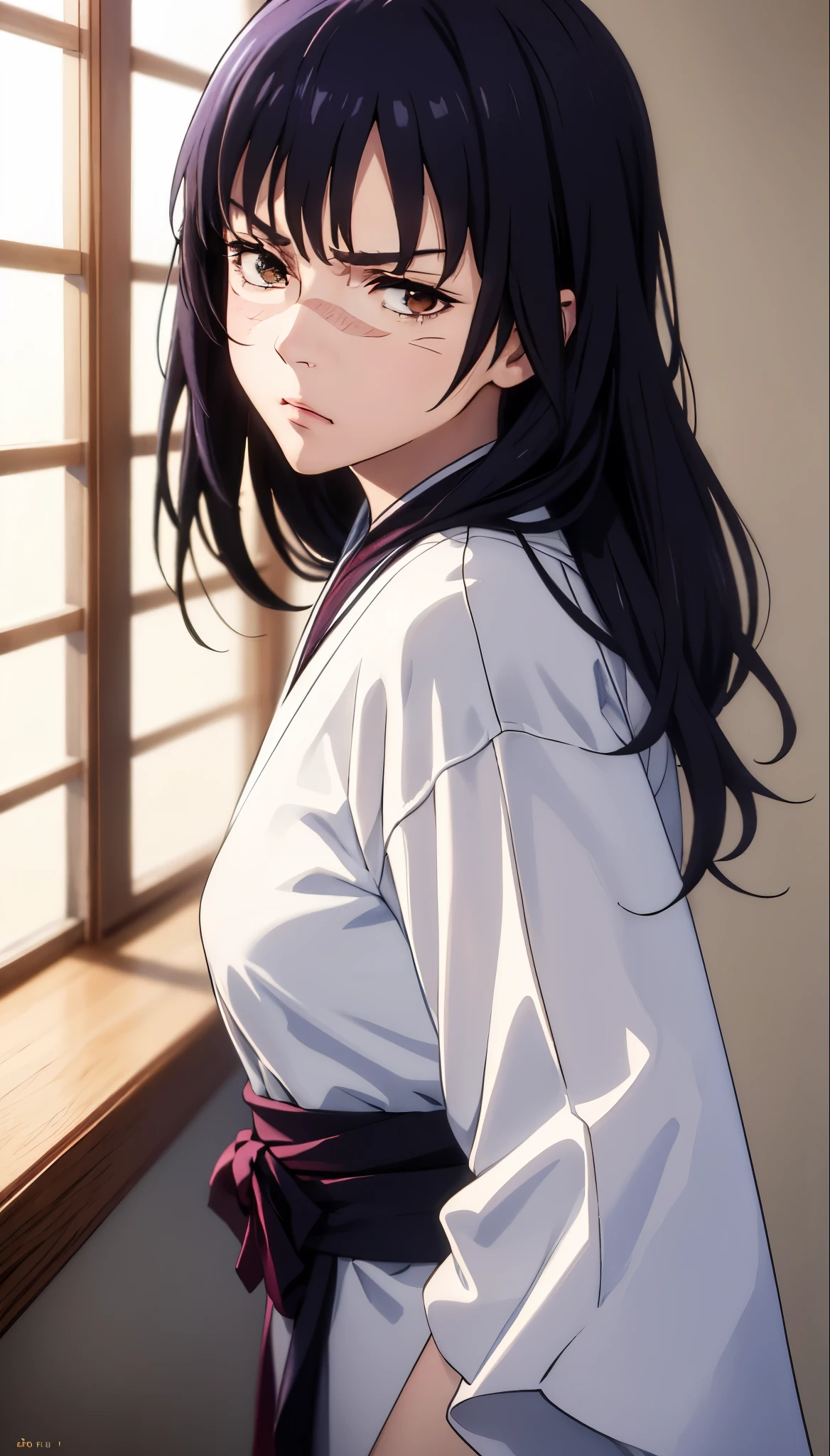 photorealistic, (4k), depth of field, (Masterpiece), (realistic skin texture), extremely detailed, intricate, hyper detailed, professional photography, bokeh, high resolution, sharp detail, best quality, woman, long hair, purple hair, ponytail, brown eyes, scar on face, white hairbow, red hakama, aUtahime, dynamic pose, (arms behind her back),  open window, light rays, windowsill, annoyed,