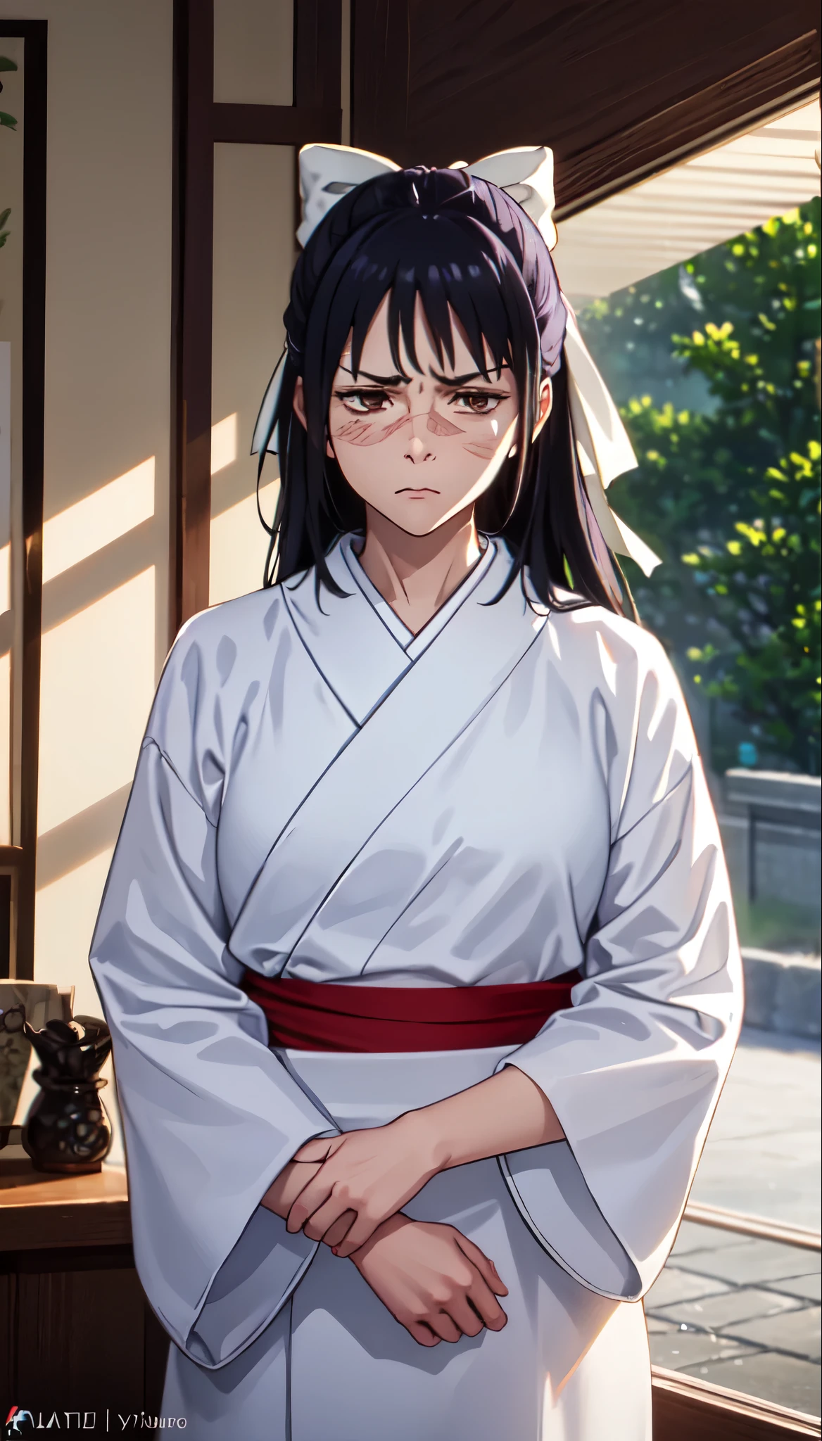 photorealistic, (4k), depth of field, (Masterpiece), (realistic skin texture), extremely detailed, intricate, hyper detailed, professional photography, bokeh, high resolution, sharp detail, best quality, woman, long hair, purple hair, ponytail, brown eyes, scar on face, white hairbow, red hakama, aUtahime, dynamic pose, (arms behind her back),  open window, light rays, windowsill, annoyed,