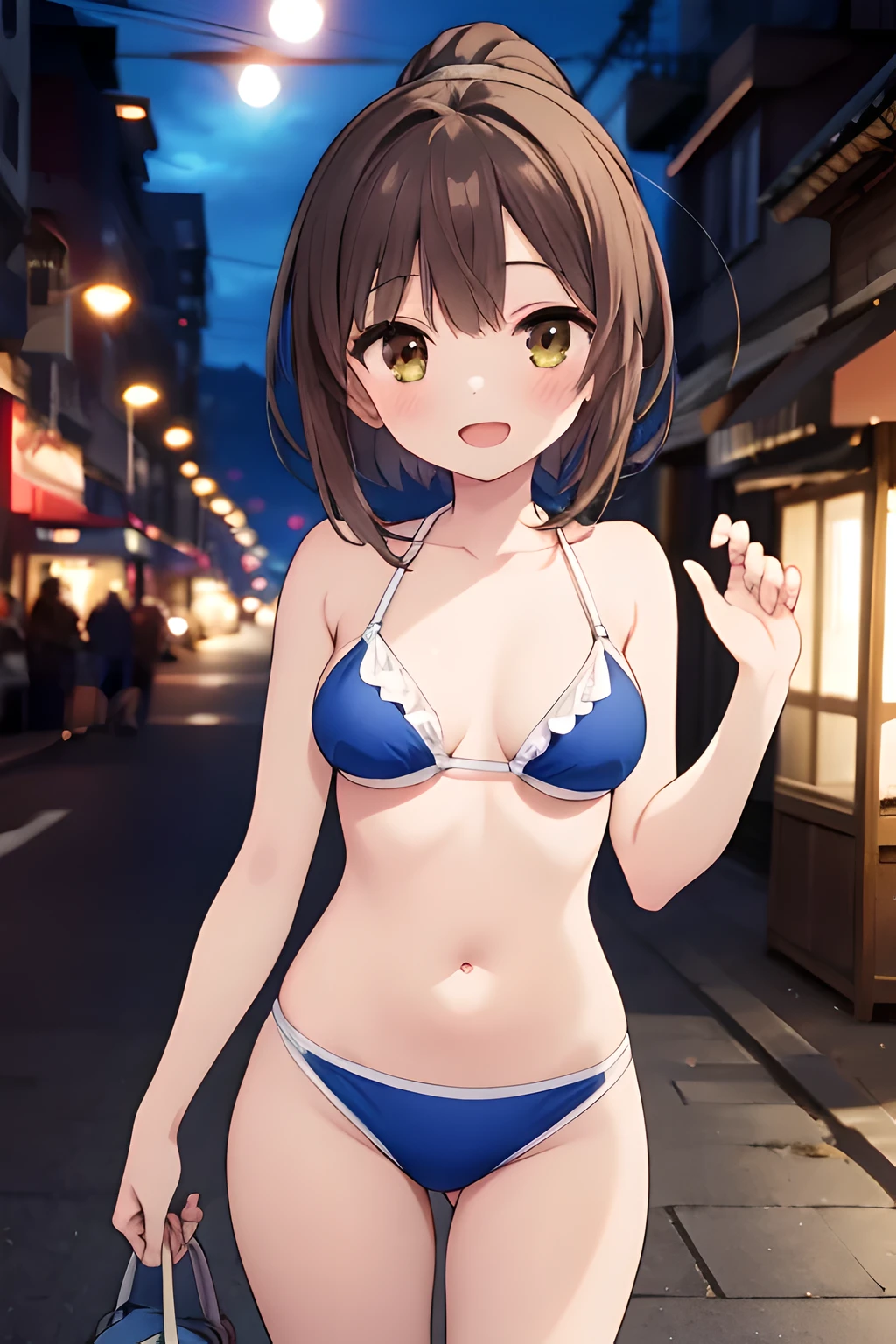 1 girl, solo, dark brown hair, {{wink, summer time, short hair, swimsuit}}, (masterpiece), cinematic lighting, ponytail hairstyle, {open mouth, smile}