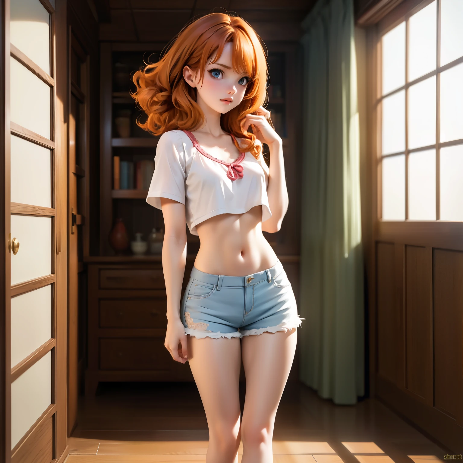 Pale skin, Small breasts, Cute face, Cotton shorts, Tight top, Intricate clothes, Full body, Cinematic light, Makoto Shinkai, Anime, Realism, Masterpiece, Woman, One, 18 Years old, Brazilian, Fit thighs, Fit, Ginger hair, Medium hair, Curly hair