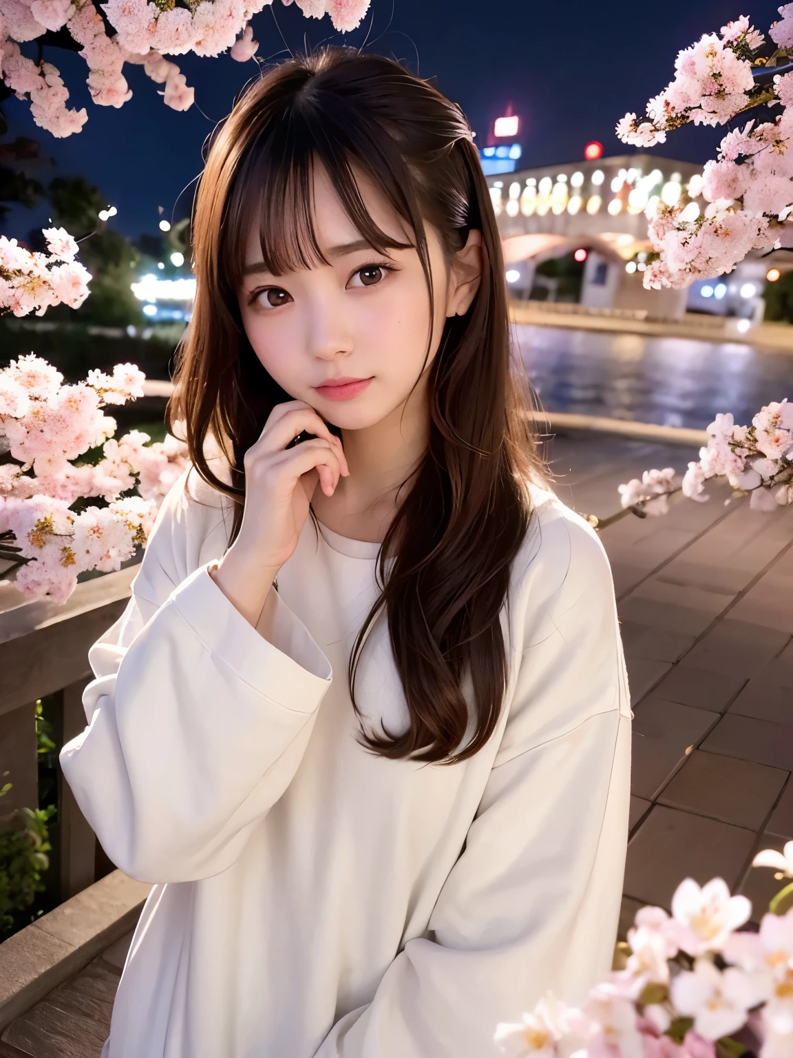 Highest image quality、realistic pictures、full shot、I can see the whole thing。Beautiful woman、clear、Pitiful、Mature twenty 、Cherry blossoms at night、love、farewell story、an unforgettable promise、Waiting for a long time、Nostalgic tree-lined avenue、Memories、conversation with granddaughter、calm atmosphere、fun night walk。
