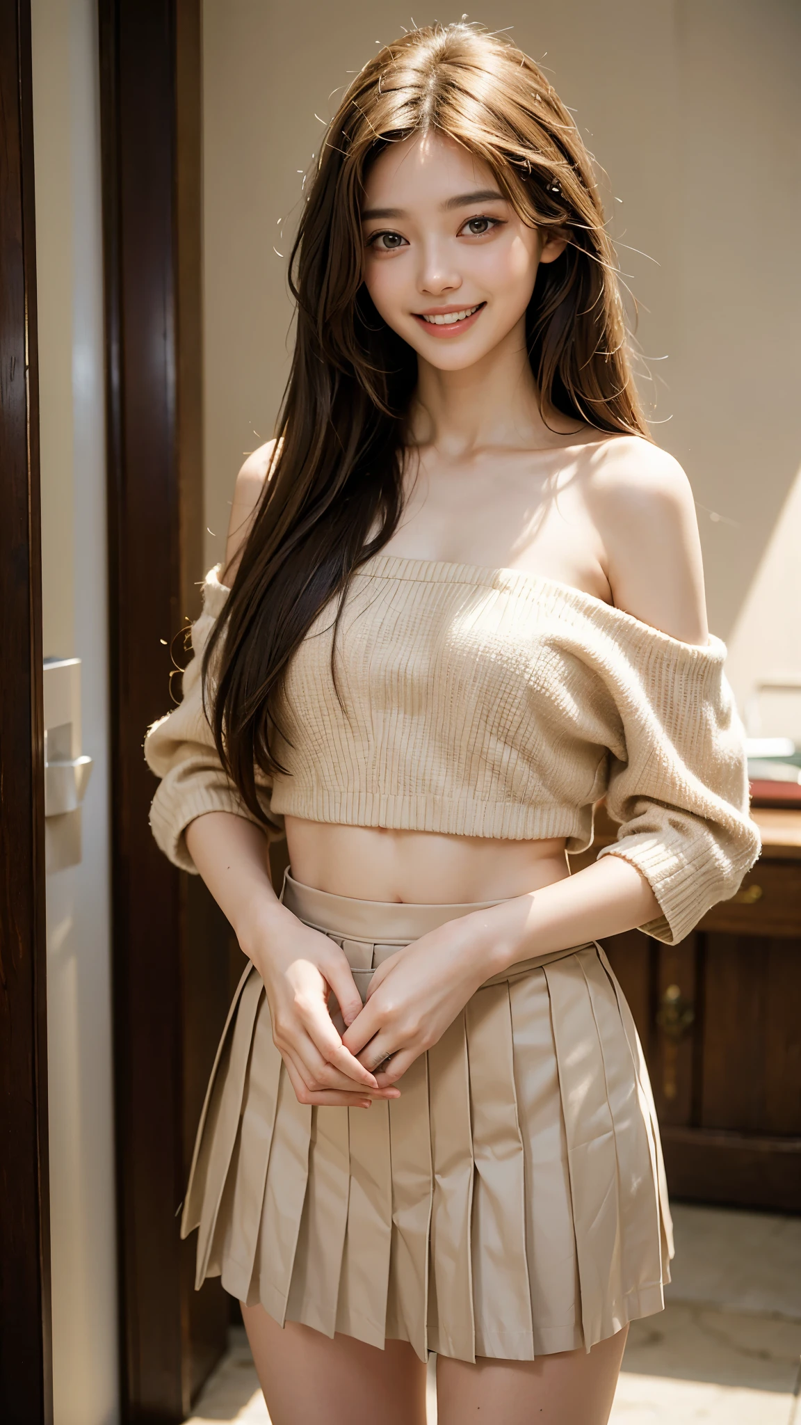 highest quality, masterpiece, ultra high resolution, (realistic:1.4), thinウエスト,thin脚,because I&#39;thin,Medium chest,soft chest,(close portrait) Raw photo, 1 girl,20-year-old,((standing with hands clasped behind one&#39;s back&#39;Came back&#39;Came back&#39;Came back)),((off shoulder pleated mini skirt )),messy hair,((straight long hair)),realistic,picture media chest)),((toothy smile)),((big smile))