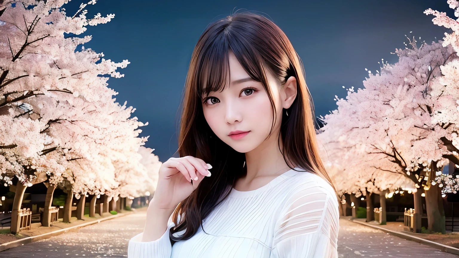 Highest image quality、realistic pictures、full shot、I can see the whole thing。Beautiful woman、clear、Pitiful、Mature twenty year old、white blouse、Cherry blossoms at night、love、farewell story、an unforgettable promise、Waiting for a long time、Nostalgic tree-lined avenue、Memories、conversation with granddaughter、calm atmosphere、fun night walk。
