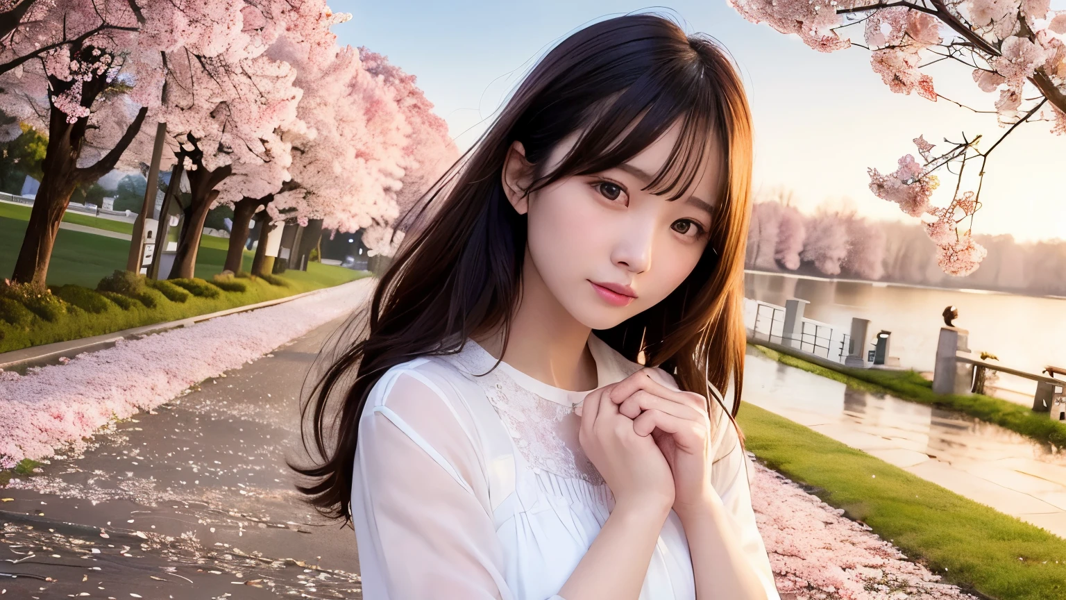 Highest image quality、realistic pictures、full shot、I can see the whole thing。Beautiful woman、clear、Pitiful、Mature twenty year old、white blouse、Cherry blossoms at night、love、farewell story、an unforgettable promise、Waiting for a long time、Nostalgic tree-lined avenue、Memories、conversation with granddaughter、calm atmosphere、fun night walk。