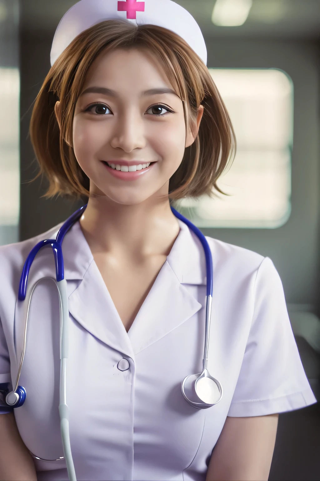 ((highest quality、8K、masterpiece:1.3))、sharp:1.2、perfect body beauty:1.4、slim abs:1.2、beautiful face、laughter、20th generation women、((nurse:1.5))、(white coat with miniskirt:1.5)、(hospital background:1.2)、cute short hair、Highly detailed face and skin texture、detailed eye、Looking at the camera、