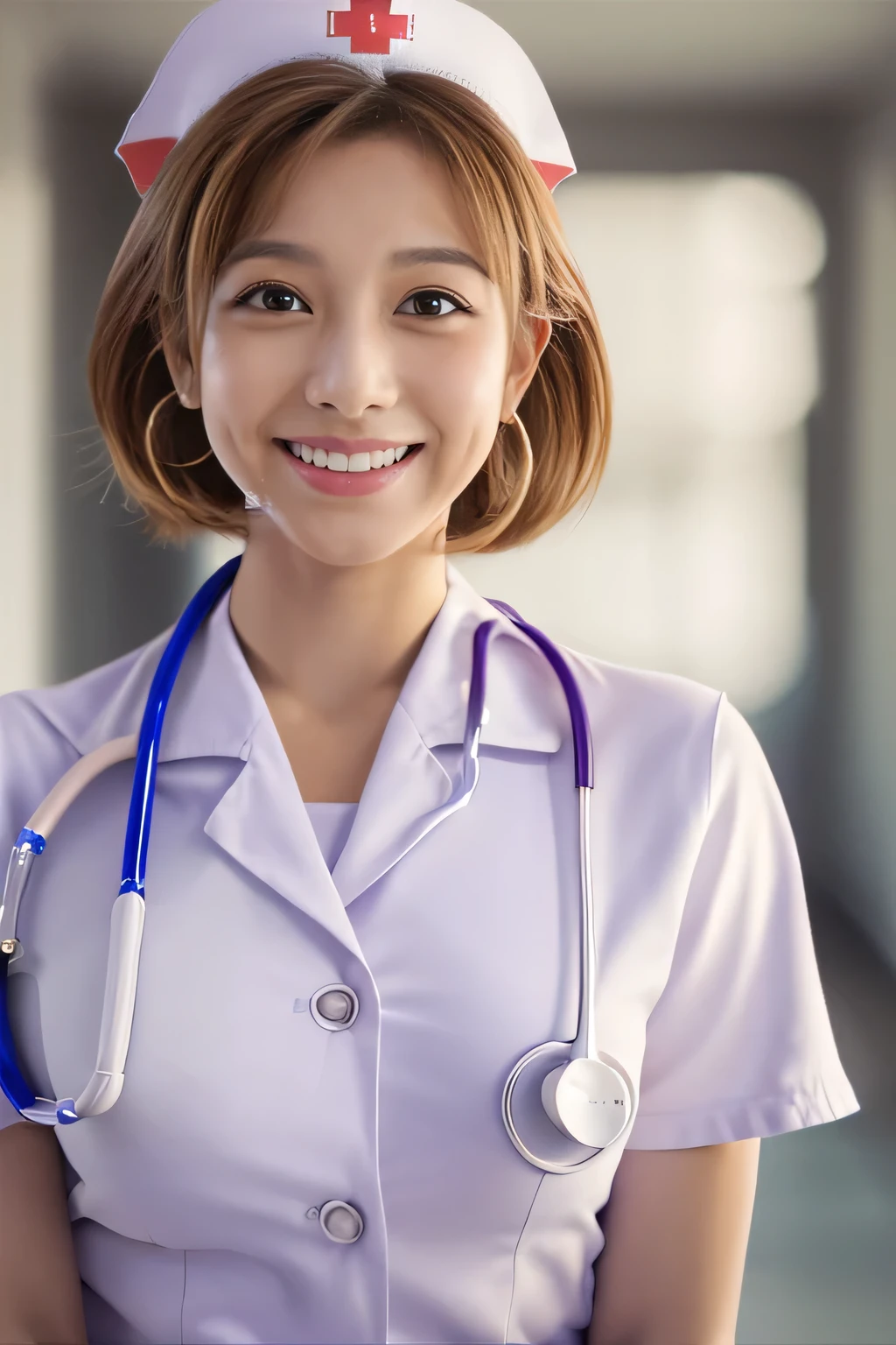 ((highest quality、8K、masterpiece:1.3))、sharp:1.2、perfect body beauty:1.4、slim abs:1.2、beautiful face、laughter、20th generation women、((nurse:1.5))、(white coat with miniskirt:1.5)、(hospital background:1.2)、shortcut、cute chestnut hair、Highly detailed face and skin texture、detailed eye、Looking at the camera、