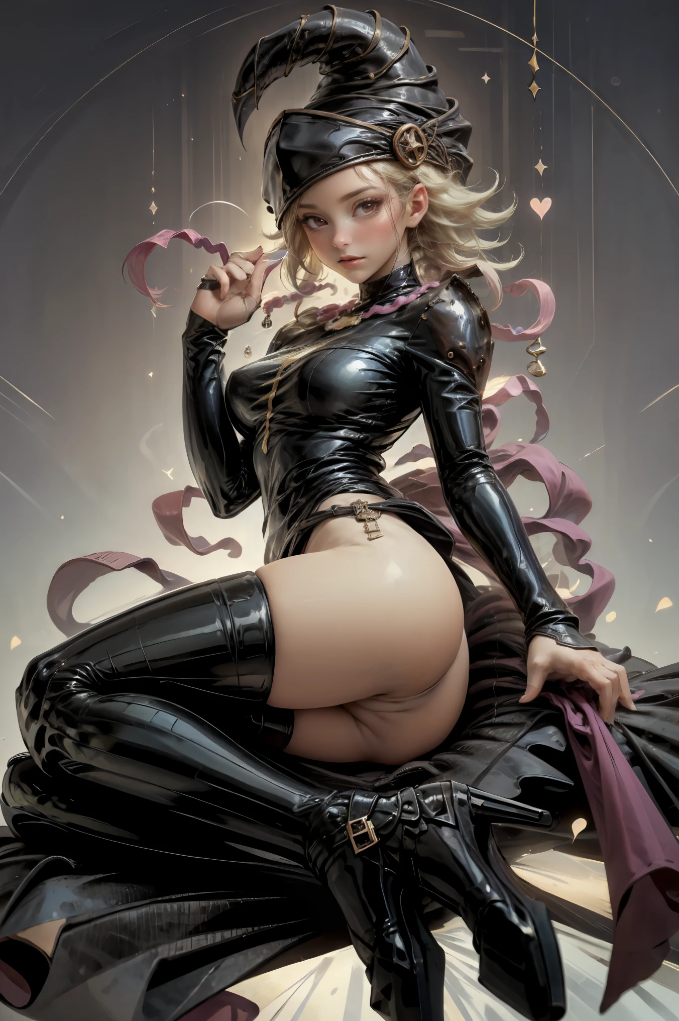 (Obra maestra:1.2), (La mejor calidad:1.2), perfect lighting, Chica Maga Oscura lanzando un hechizo, flotando en el aire, tetas grandes, escote, fondo de magia. Corazones transparente en el hambiente, bata azul, sombrero grande, desde arriba, Destellos, Yugioh Card en el fondo