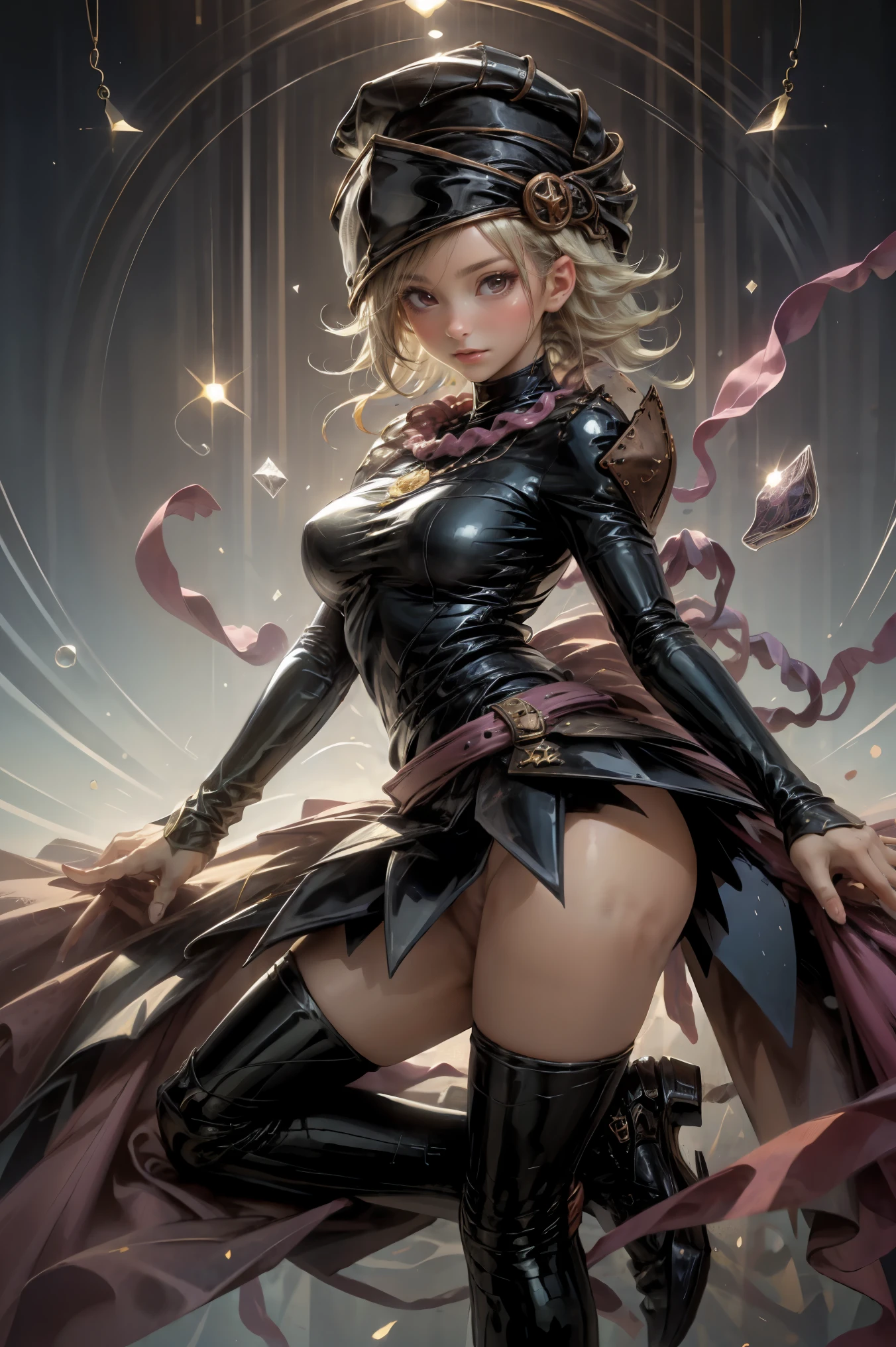 (Obra maestra:1.2), (La mejor calidad:1.2), perfect lighting, Chica Maga Oscura lanzando un hechizo, flotando en el aire, tetas grandes, escote, fondo de magia. Corazones transparente en el hambiente, bata azul, sombrero grande, desde arriba, Destellos, Yugioh Card en el fondo