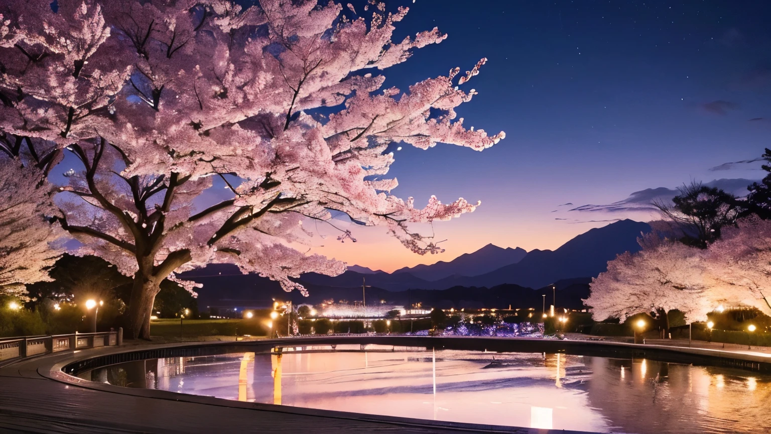 Highest image quality、realistic pictures、full shot、I can see the whole thing。Cherry blossoms at night、Big tree、fantastic scenery、an unforgettable promise、Waiting for a long time、Big tree of memories、nostalgic world、A mysterious sight、calm atmosphere、night world。