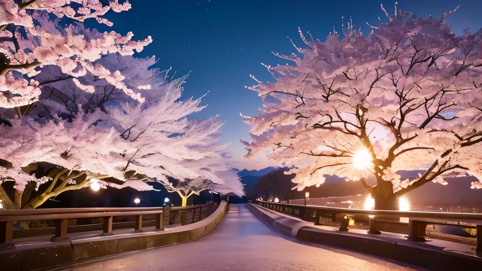 Highest image quality、realistic pictures、full shot、I can see the whole thing。Cherry blossoms at night、Big tree、fantastic scenery、an unforgettable promise、Waiting for a long time、Big tree of memories、nostalgic world、A mysterious sight、calm atmosphere、night world。