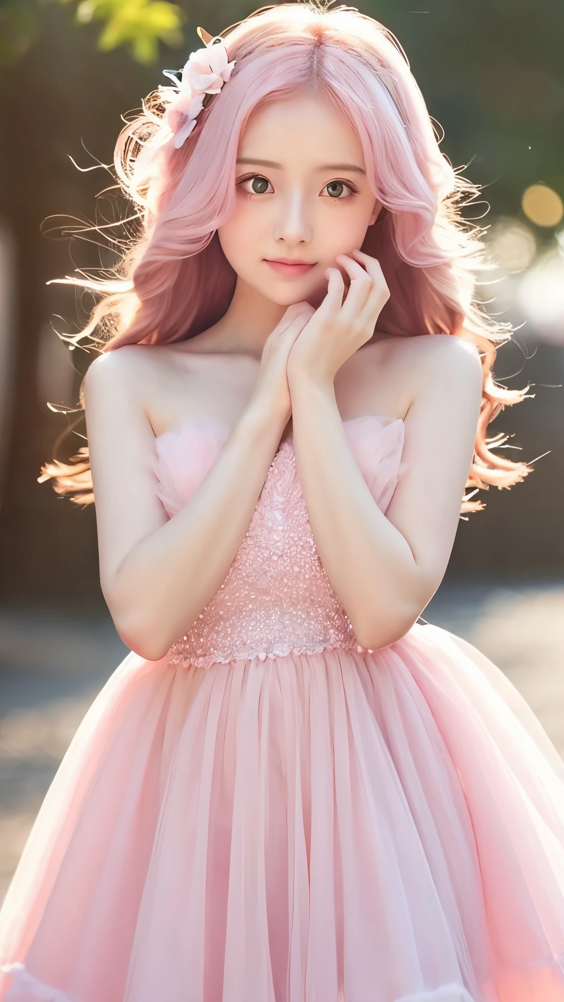 A cute girl, a young cute girl, long pale pink fluffy hair, beautiful long fluffy pale pink hair, beautiful pale pink eyes, sparkling pale pink jewel-like eyes, blushing cheeks. Embarrassed expression, adorable blushing, dress with lots of pale pink hearts, pale pink dress with lots of cute hearts, pale pink background, lots of cute hearts, cute, very Cute, the warm rays of the sun, cute, so cute