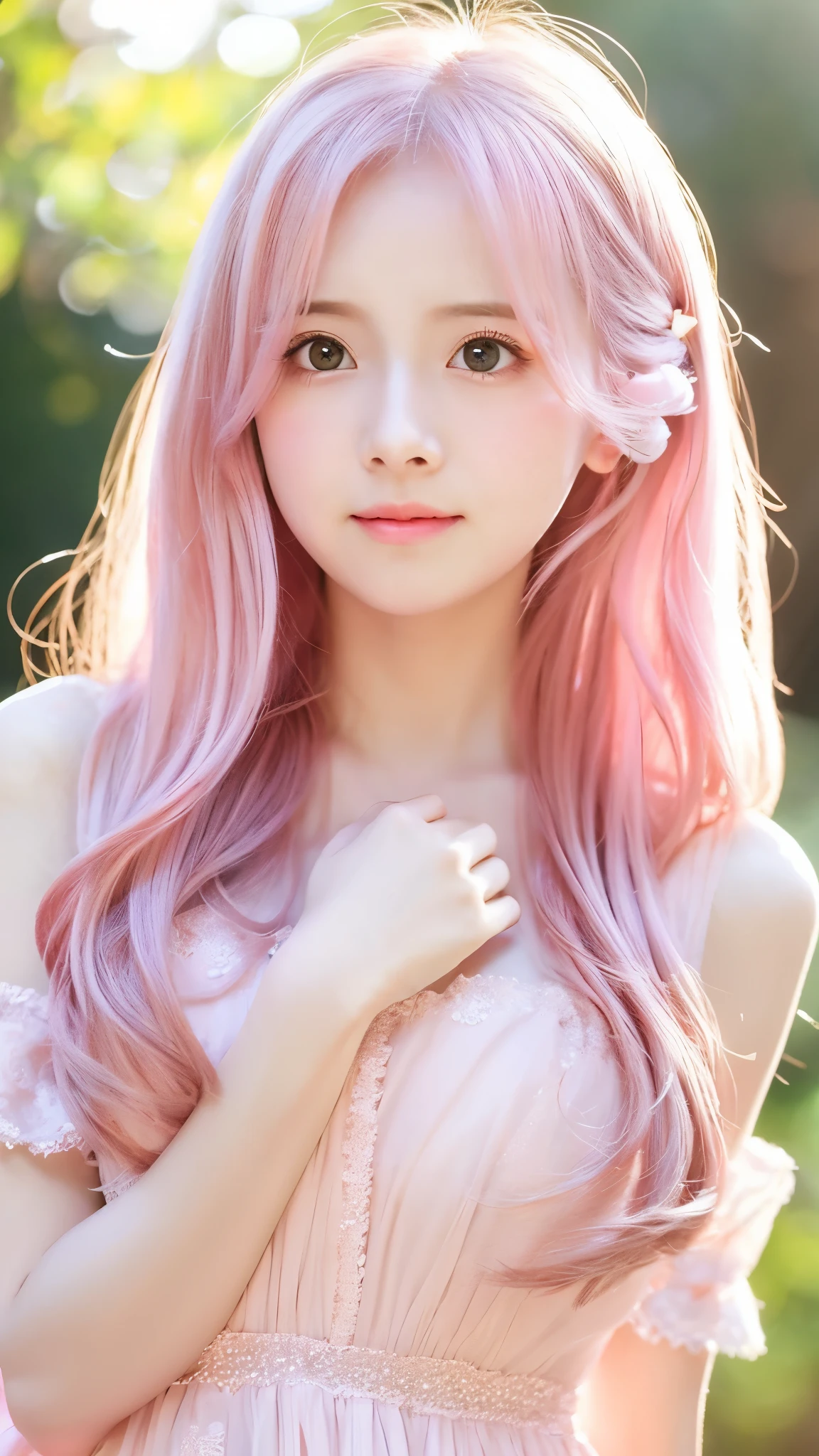 A cute girl, a young cute girl, long pale pink fluffy hair, beautiful long fluffy pale pink hair, beautiful pale pink eyes, sparkling pale pink jewel-like eyes, blushing cheeks. Embarrassed expression, adorable blushing, dress with lots of pale pink hearts, pale pink dress with lots of cute hearts, pale pink background, lots of cute hearts, cute, very Cute, the warm rays of the sun, cute, so cute