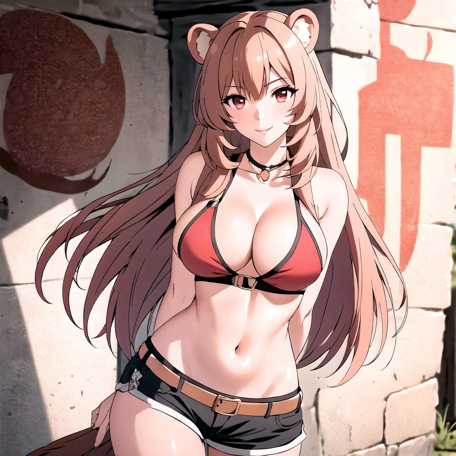 obra maestra, Mejor calidad, 1 chica sonrisa feliz. rubor, Raphtalia orejas de oso. cabello naranjo. red eyes like rubies, solo, top rojo corto, shorts de mezclilla, gargantilla, (pintada:1.5) ,sudor en su pecho, arms behind the back, contra la pared, mirando al espectador, brazalete, correa del muslo, sudor en el cuerpo, pechos grandes. muslos descubiertos. pechos grandes. sonrisa.