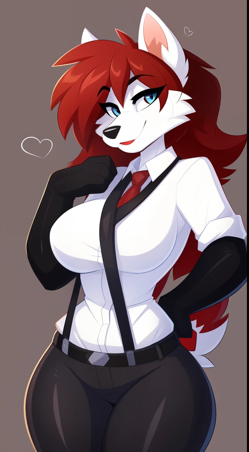 Swiss White Shepherd, an anthropomorphic dog, wearing a long-sleeved white shirt with the sleeves rolled up to the elbows. She wears black leather fingerless gloves, suspenders, and a tight-fitting black tie. Her black jeans are 50s style, she has short shoulders, wide hips and a thin waist, with thick thighs and large breasts. A long, fluffy tail sways at your side. Her skin is white, displaying soft and fluffy snow-white fur, while her long red hair cascades down, with a fringe covering her left eye. She wears vibrant red lipstick and has long eyelashes and baby blue eyes, the fur around her eyes is black and resembles flames. The background is monochromatic gray as she looks at the viewer with her arms crossed, she has a neutral expression with a piercing gaze, her eyes are white and triangular ((por Kilinah, de Coffeesoda, por Hioshiru, por Kilinah))