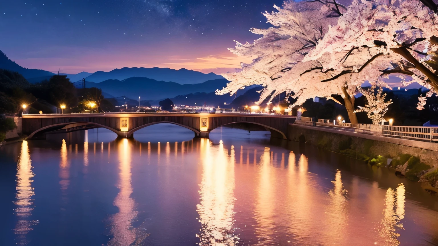 Highest image quality、realistic pictures、Vision、overlooking。landscape photography。Cherry blossoms at night、Hanabubuki、fantastic scenery、nostalgic world、mysterious scene、calm atmosphere、moonlit night event、There&#39;s no one there。