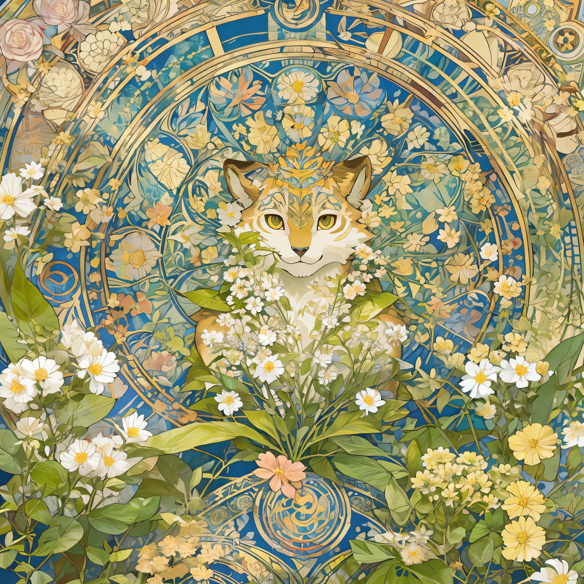 top quality, best quality, logo mark, stamp, Geometric pattern, vector-art, High-quality illustrations by Alfons Mucha, masterpiece(kemono, furry anthro)flower,