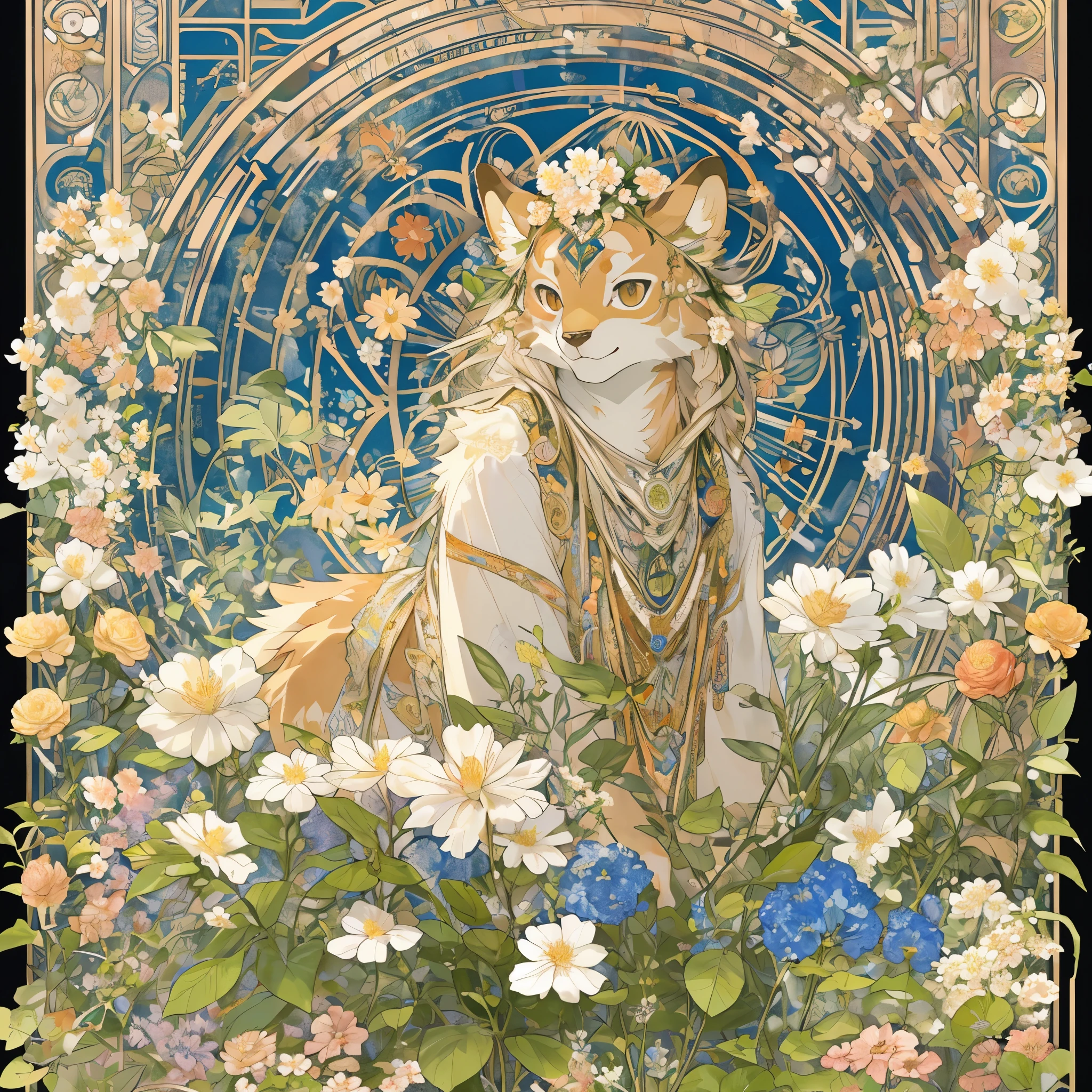 top quality, best quality, logo mark, stamp, Geometric pattern, vector-art, High-quality illustrations by Alfons Mucha, masterpiece(kemono, furry anthro)flower,